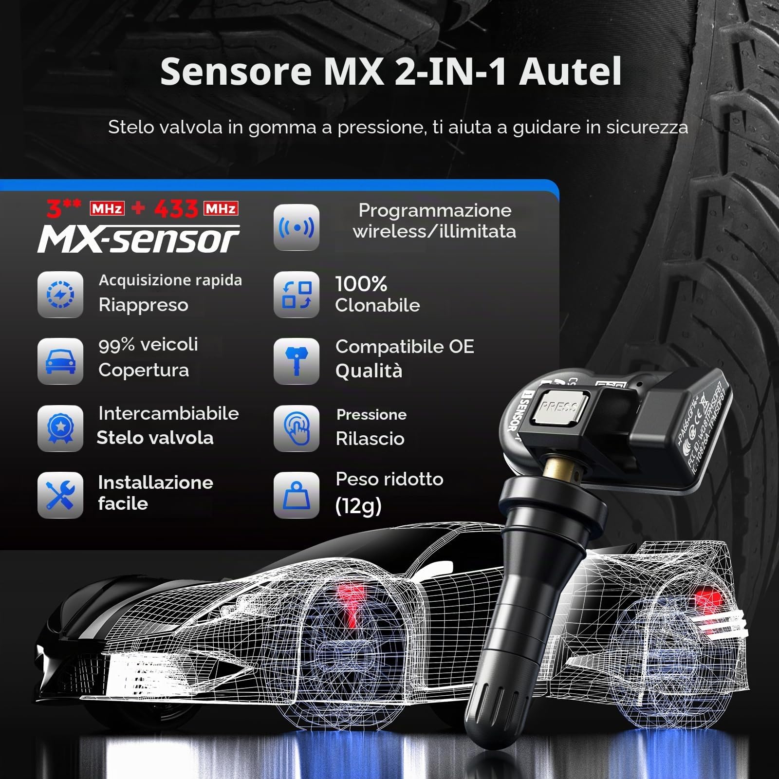 Autel MX-Sensor TPMS Sensore, Doppia Frequenza, Livello OE per 98% Autos, Sensore Pneumatici Programmabile 100%, Compatibili con TS408S TS508WF TS501PRO TS601 Strumento TPMS (Valvola in Gomma, 4PCS)
