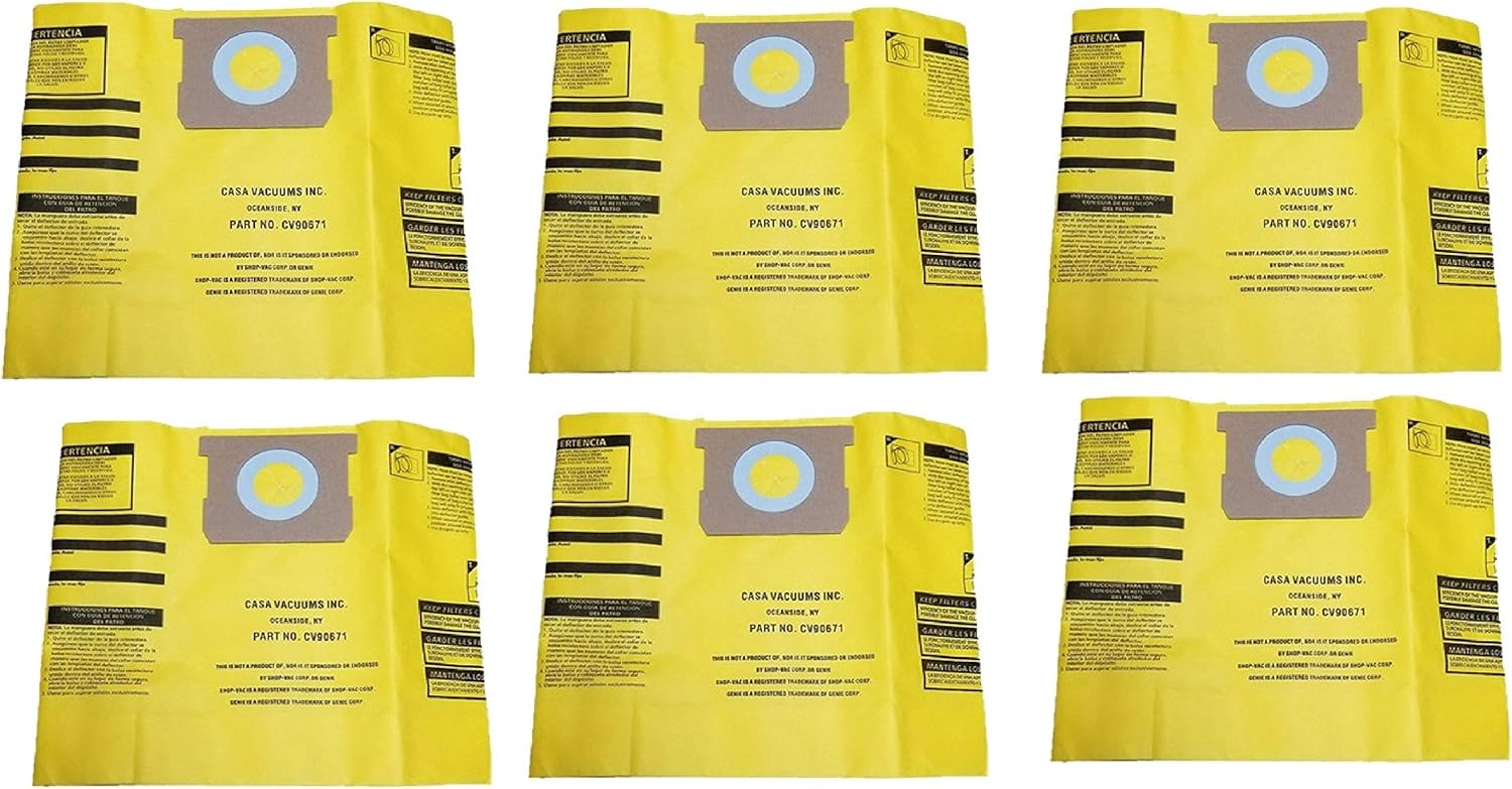 CASA VACUUMS Replacement for Shop-Vac 5-8 Gallon HIGH Efficiency Disposable Collection Bag CV9067100, Replaces Genuine Part #'s Type H High Efficiency 9067100 & Type E 9066100, 6-Pack