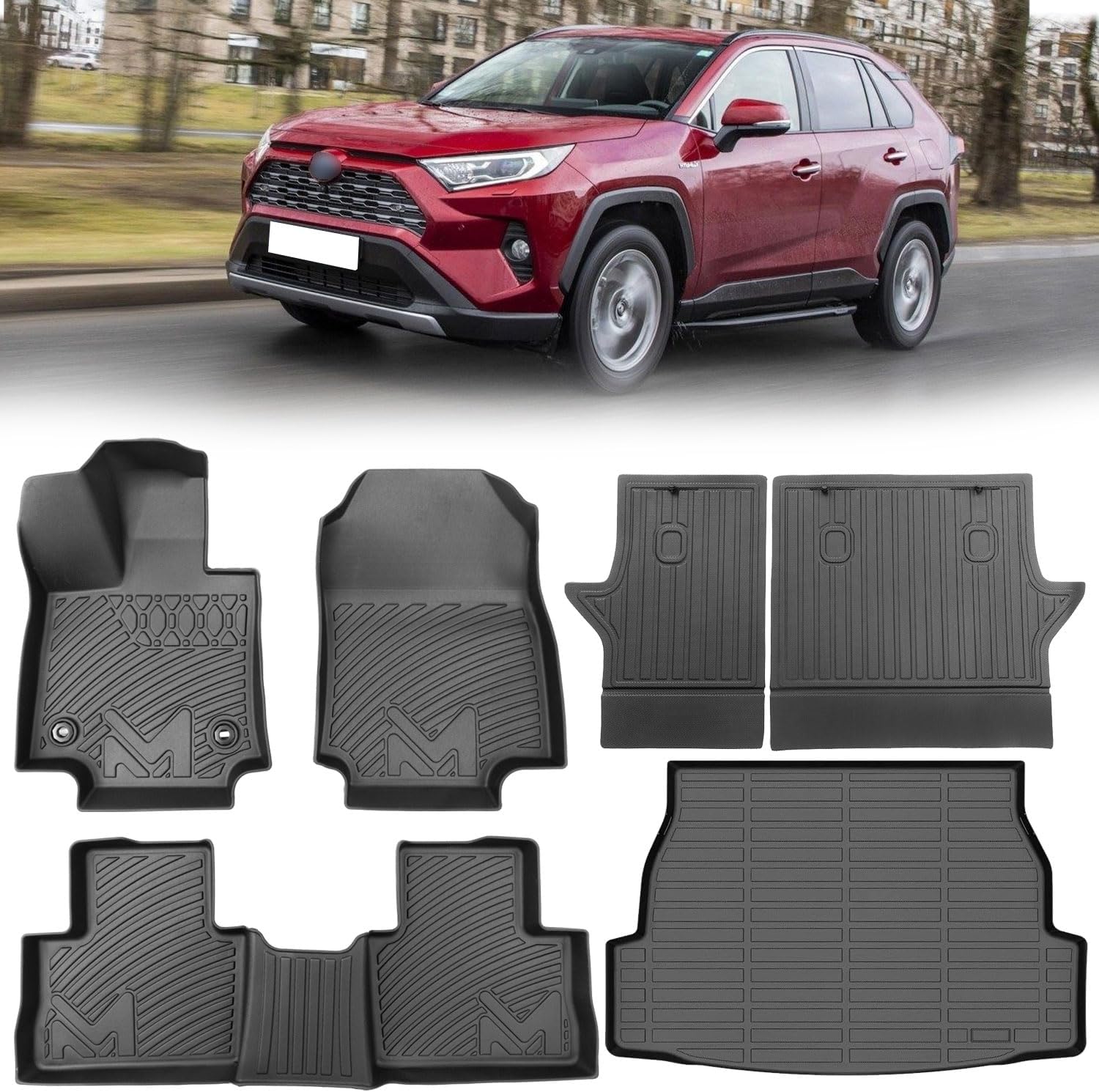 TPE Automotive Floor Mats & Cargo Liner Custom for Toyota Rav4 2019-2025 (Include Hybrid), All Weather Cover Protection Waterproof Black Front & Rear Row Full Set Car Mats & Backrest Mats, 6PCS