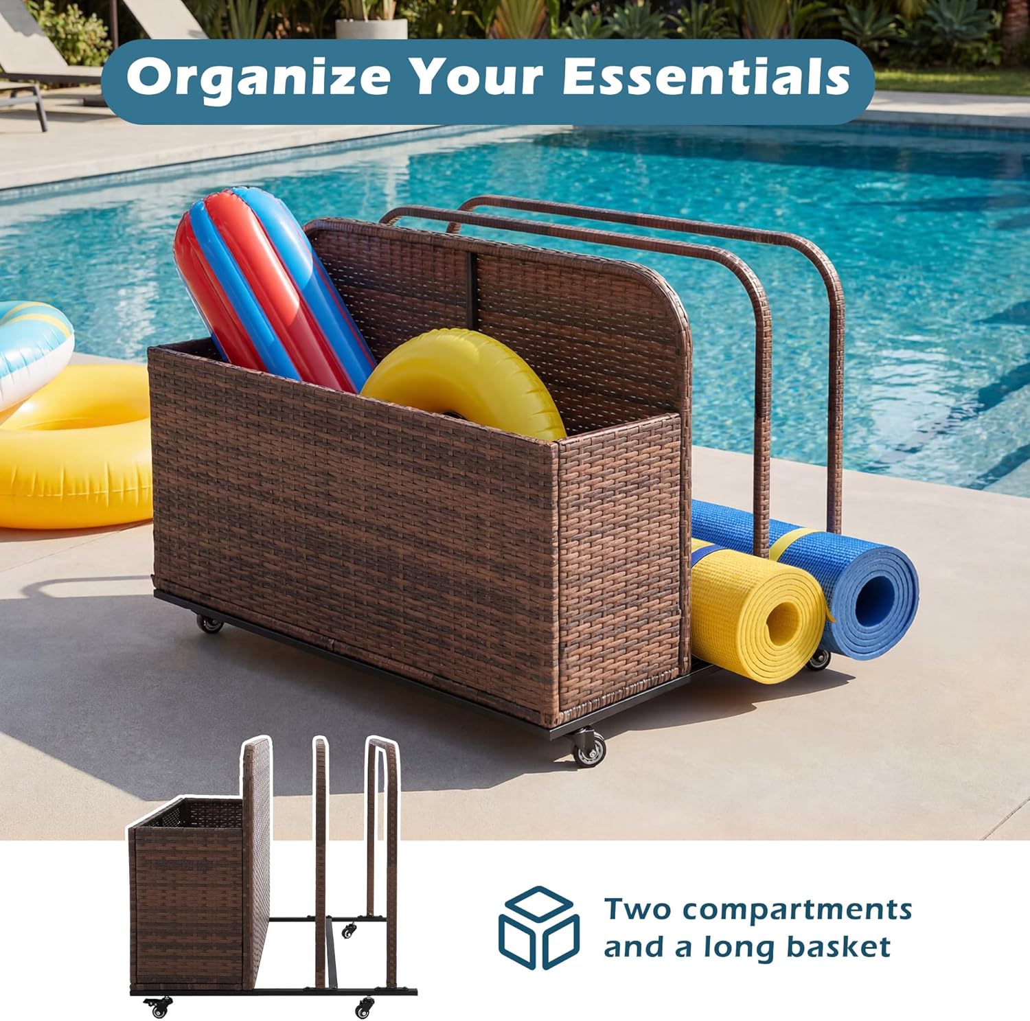 Outdoor Pool Float Storage Basket, PE Rattan Rolling Toy Caddy with Wheels, Patio Furniture Organizer Wicker Box Pool Storage Cart for Floaties, Noodles, Life Vests, Beach Balls