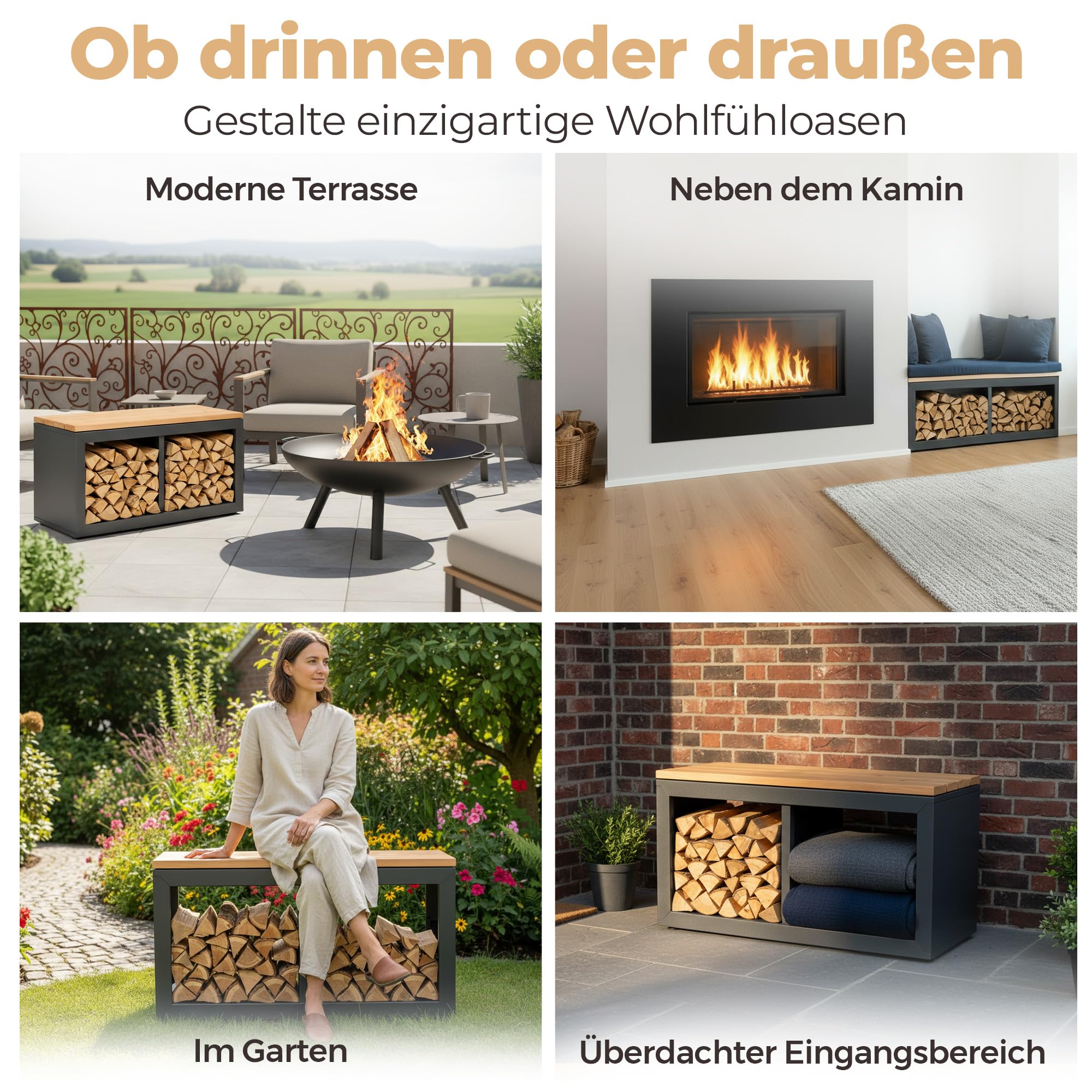 Holzlager Bank - Sitzbank mit Stauraum, feuerverzinktes, pulverbeschichtetes Stahlblech | Douglasie-Sitzfläche | Wetterfeste, Moderne Sitztruhe | Storage Bench | Made in Germany (90 x 50 cm)