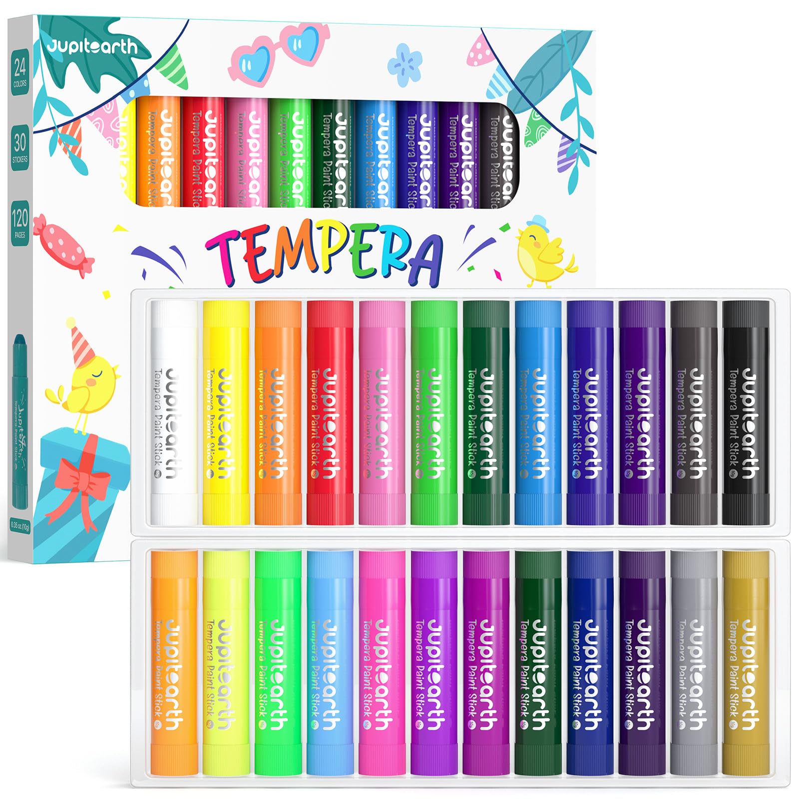JUPITEARTH Tempera Paint Sticks for Kids, Quick Drying, 24 Colors | Non-Toxic and Washable Paint Sticks, 120 PDF Coloring Pages and 30 Stickers, Smooth, Mess-Free Art Supplies for Crafts