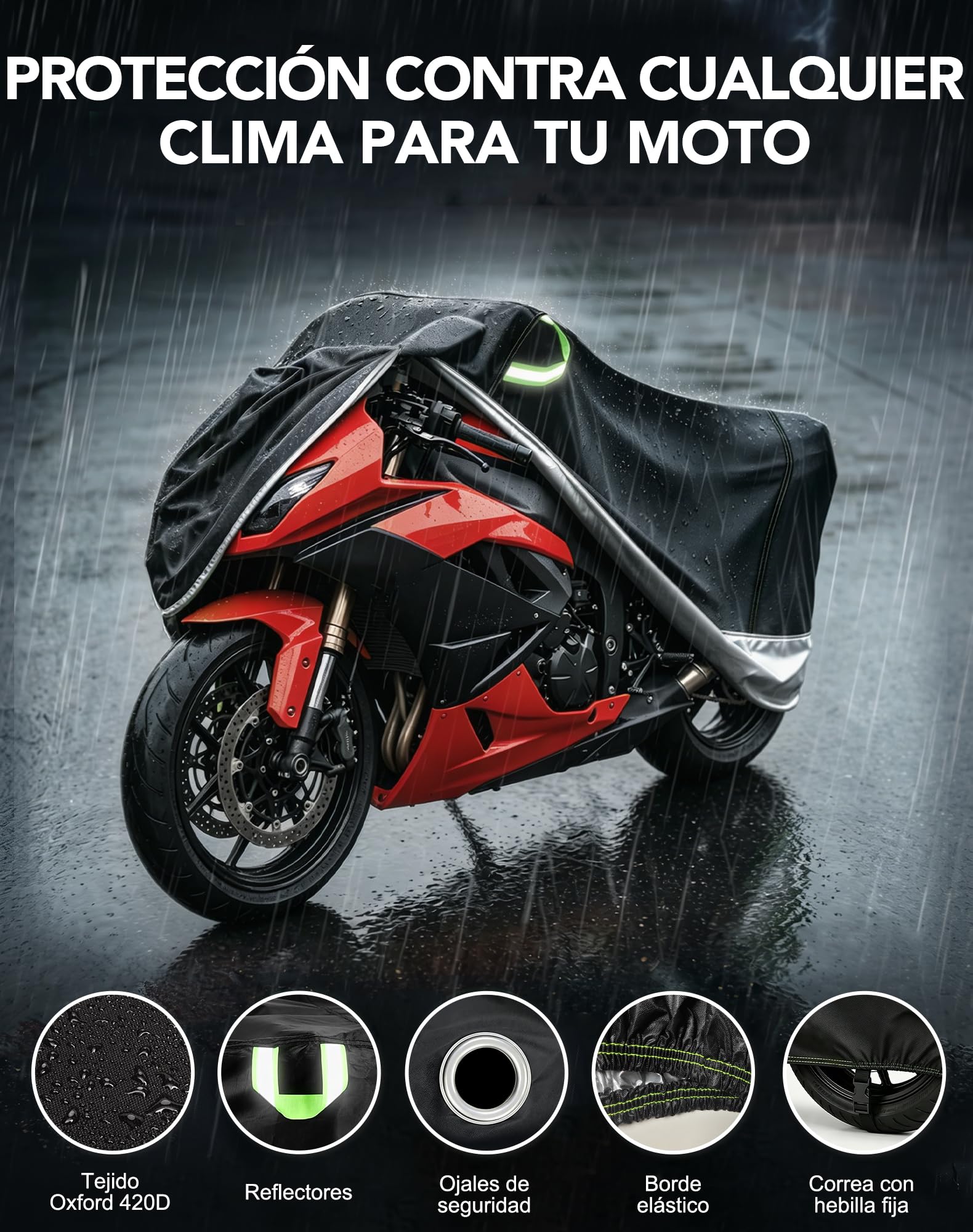 Funda Moto Impermeable 420D Oxford (225cm) - Cubierta Exterior Anti-UV y Viento, con Orificios para Candado e Tiras Reflectantes, per BMW GS, Africa Twin, Tiger (225 * 95 * 125cm)