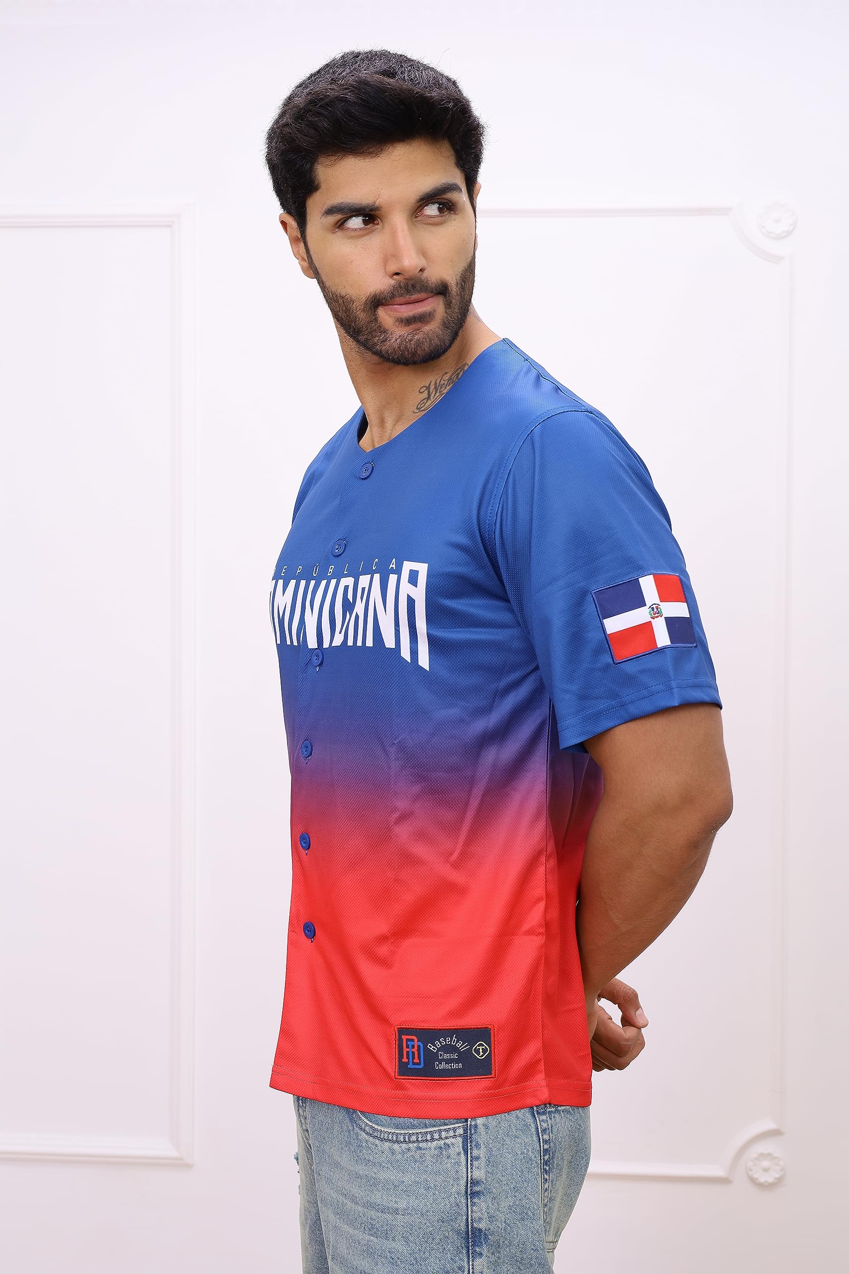 TAINOWEARS Dominikanische Republik Baseballtrikot, Dominikanische Republik, Blau / Rot, Farbverlauf, Knopf, V-Ausschnitt, Trikot, Unisex