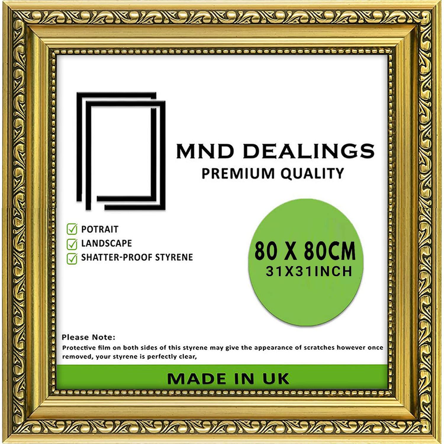 MND Dealings Ornate Shabby Chic Square 80X80cm Picture Poster Frame -Gold Antique Style - MDF backing board with Perspex Sheet |Gift Wall Art Gallery Home Decor-80X80 CM (31.5" X31.5")