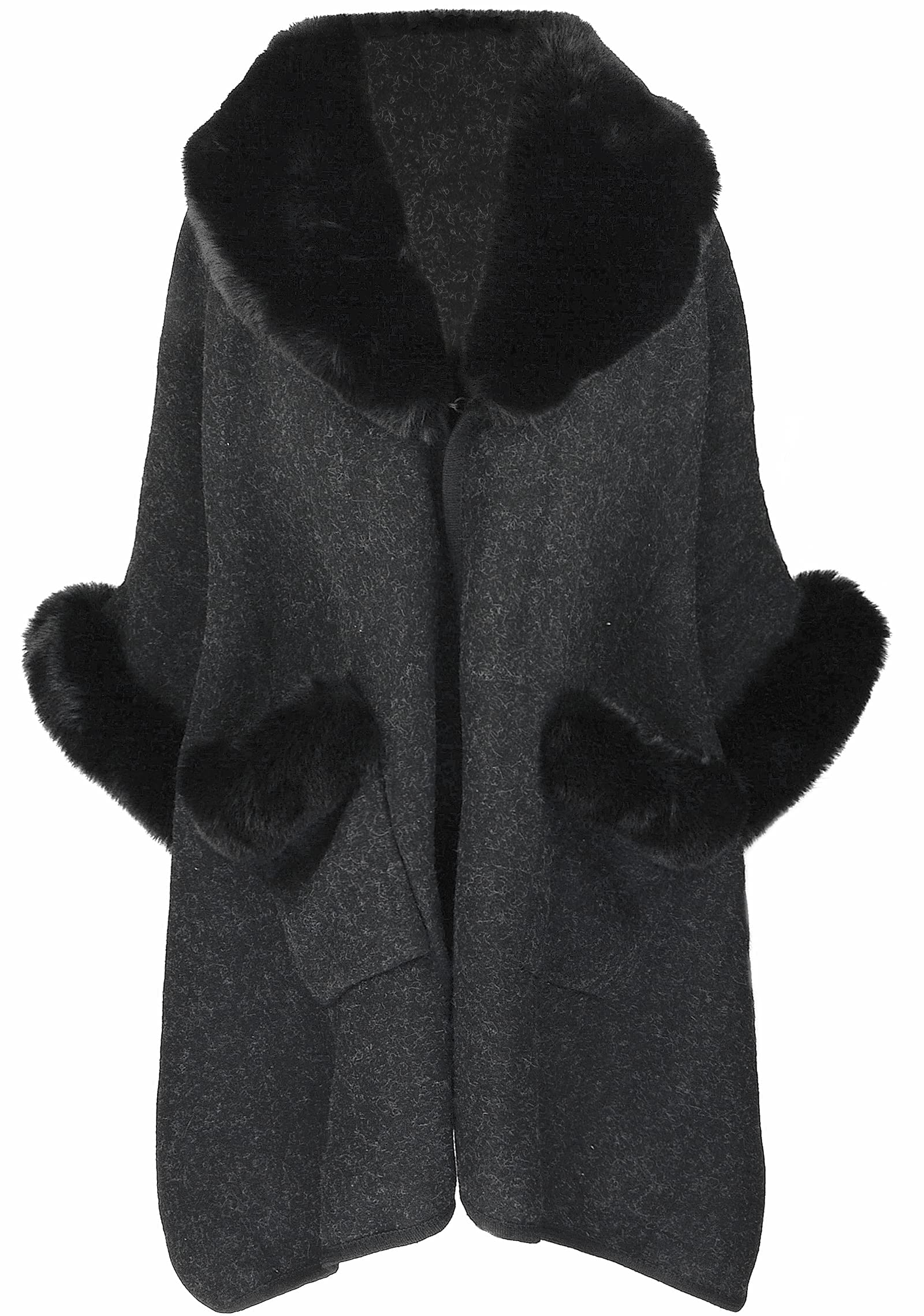 Women Poncho with Pocket Warm Cashmere Cardigan Cape with Rabbit Fur