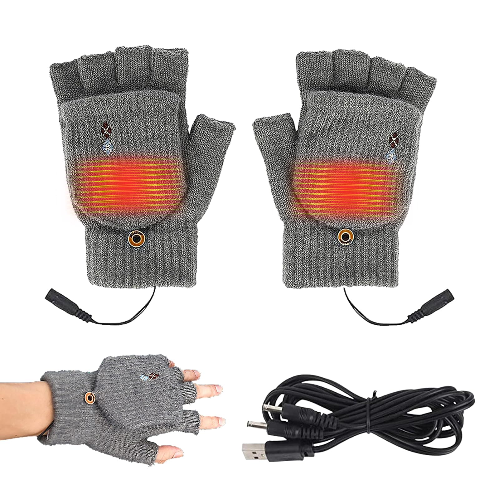 3 Levels Rechargeable USB Heated Gloves, Fingerless Work Gloves, Battery Powered for Warmth - Gifts (C-Grey)