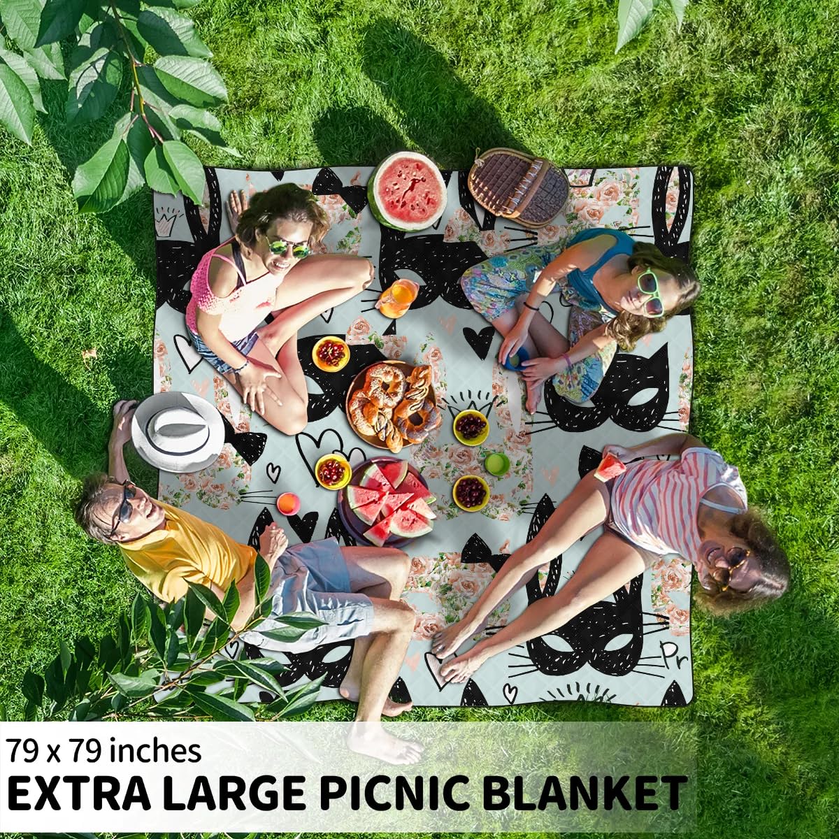 Kwiatowy kot, królik, koc piknikowy, wodoodporny, odporny na piasek, składany koc plażowy, 200 x 200 cm, bardzo duża, przenośna, nadająca się do prania, mata na zewnątrz, na kemping, park,