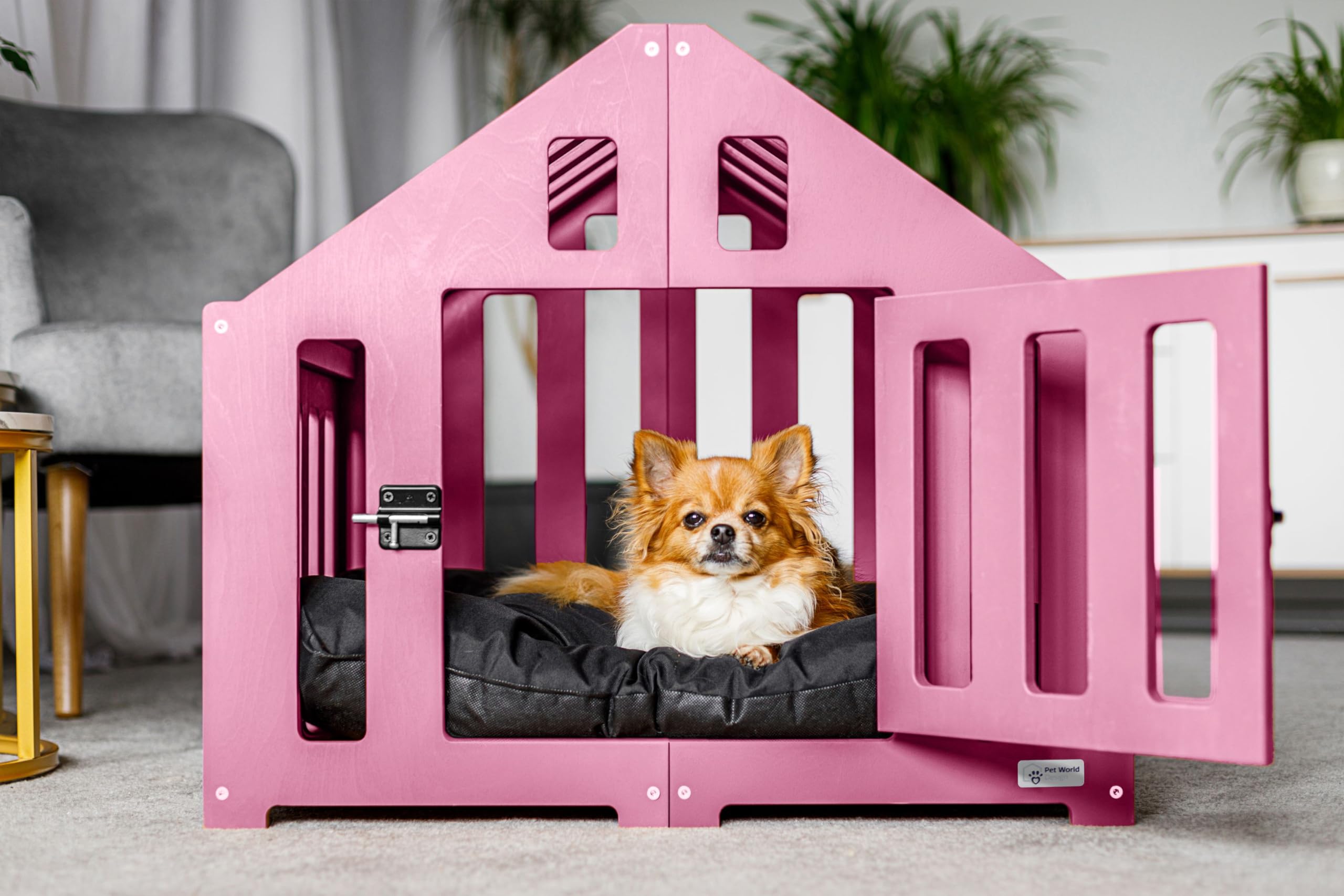 Hundehütte aus Holz, Hundekäfig Verschließbar, Tierhaus, Hundelaufstall, Hundehaus, Haustierbox, Hund, Katze, Indoor, Rosa