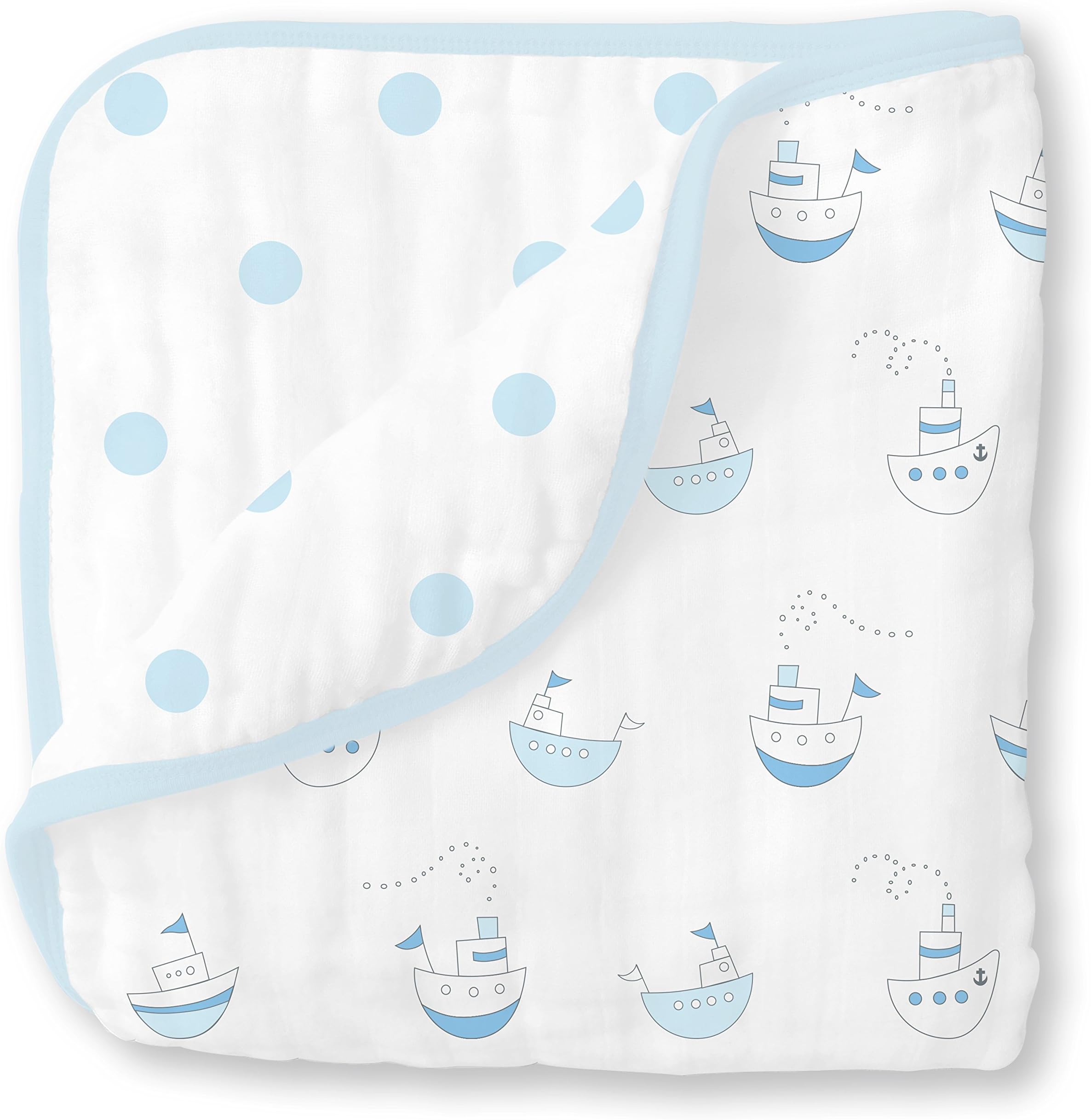 4-Layer Cotton Muslin Luxe Blanket, Baby and Toddler Cuddle and Dream, 46x46 inches, Pastel Blue Nautical Little Ships and Dots