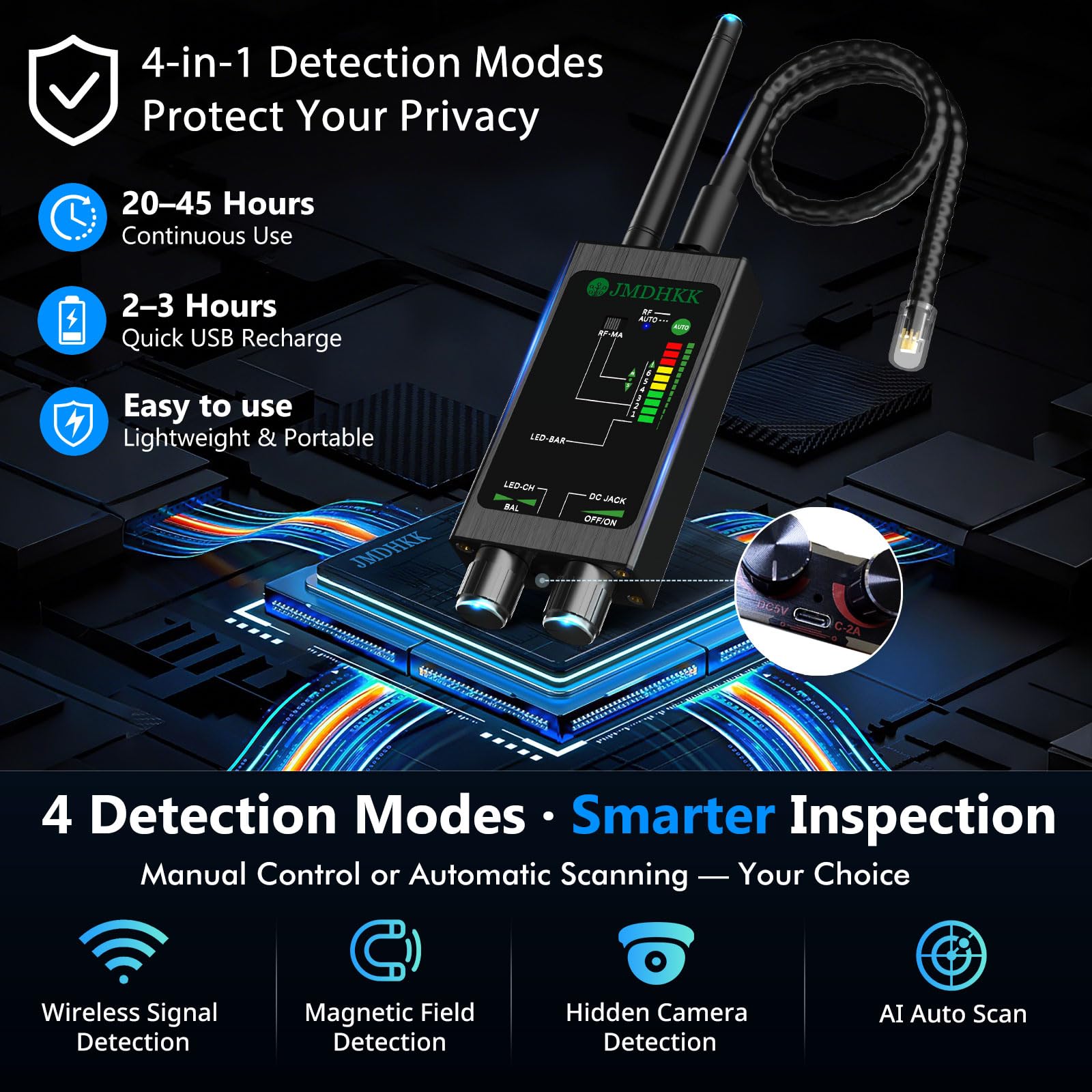 Hidden Camera Detector M8000 Black Privacy Protection Device - Dettaglio