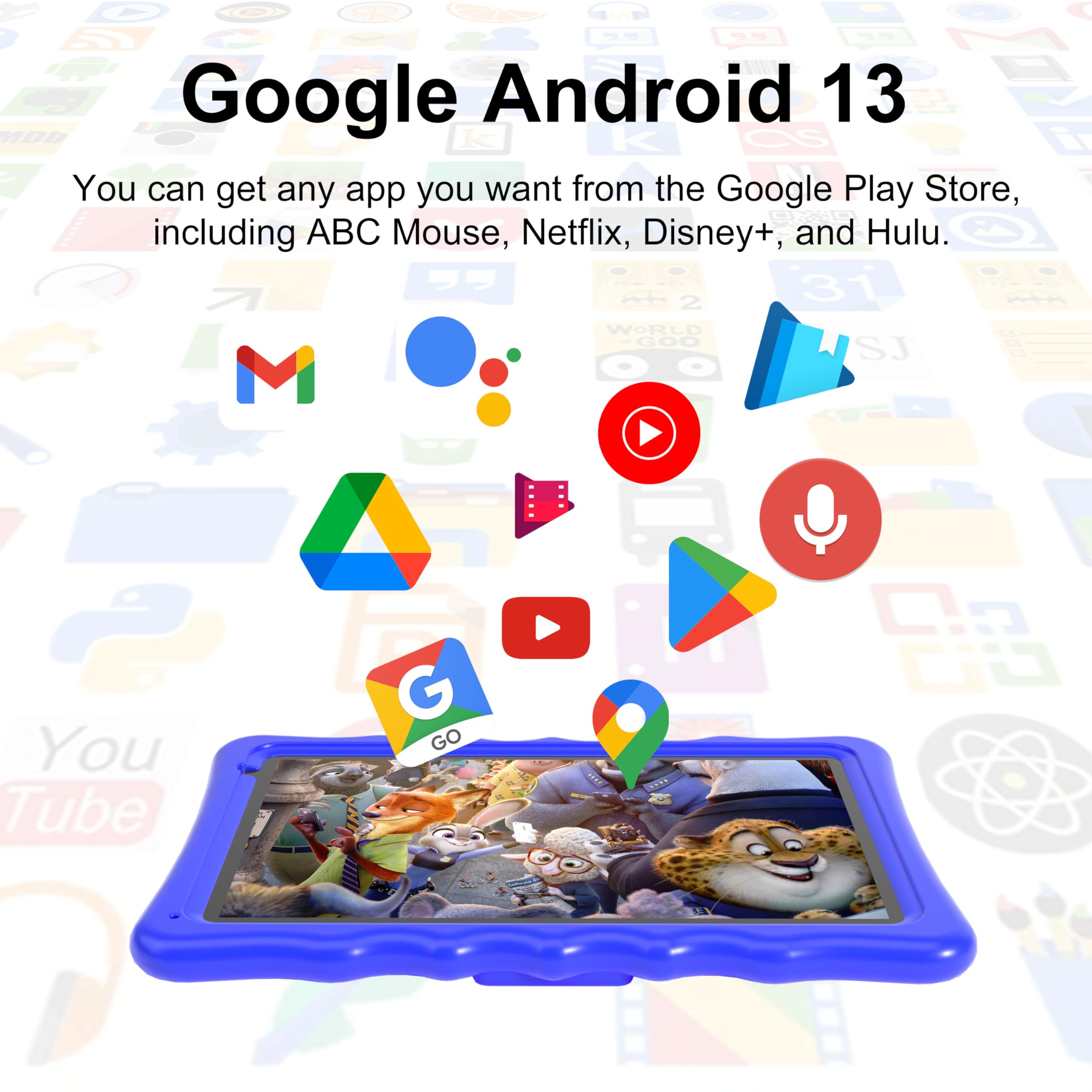 Kinder Tablet 10 Zoll, Android 13 mit 4 GB RAM + 64 GB ROM (TF 512 GB), 5000 mAh, 5G Wi-Fi, BT 5.0, Kids Tablet mit Eva Case - Blau
