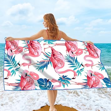 Microfiber Beach Towel, Quick Dry Oversized Sand Free Light Weight Cute Bath Towel Travel Swimming Pool Yoga,71x32, Flamingo Palm Leaves