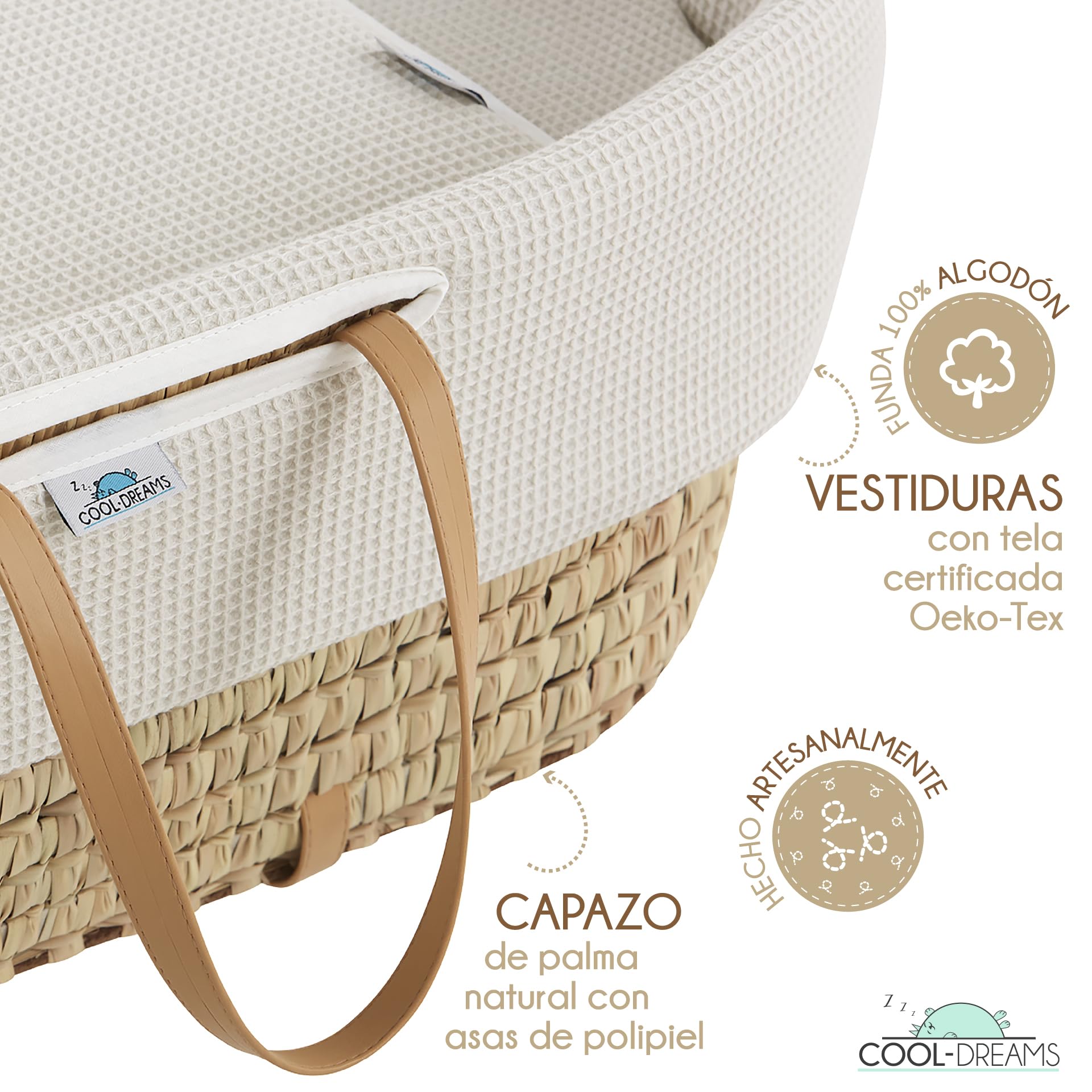 Moisés para bebé Recien Nacido, Incluye vestidura 100% algodón, colchón, Tijera Natural con Ruedas, capazo de Mimbre de Palma Natural y 2 bajeras Impermeables (Gofre Renard) CoolDreams