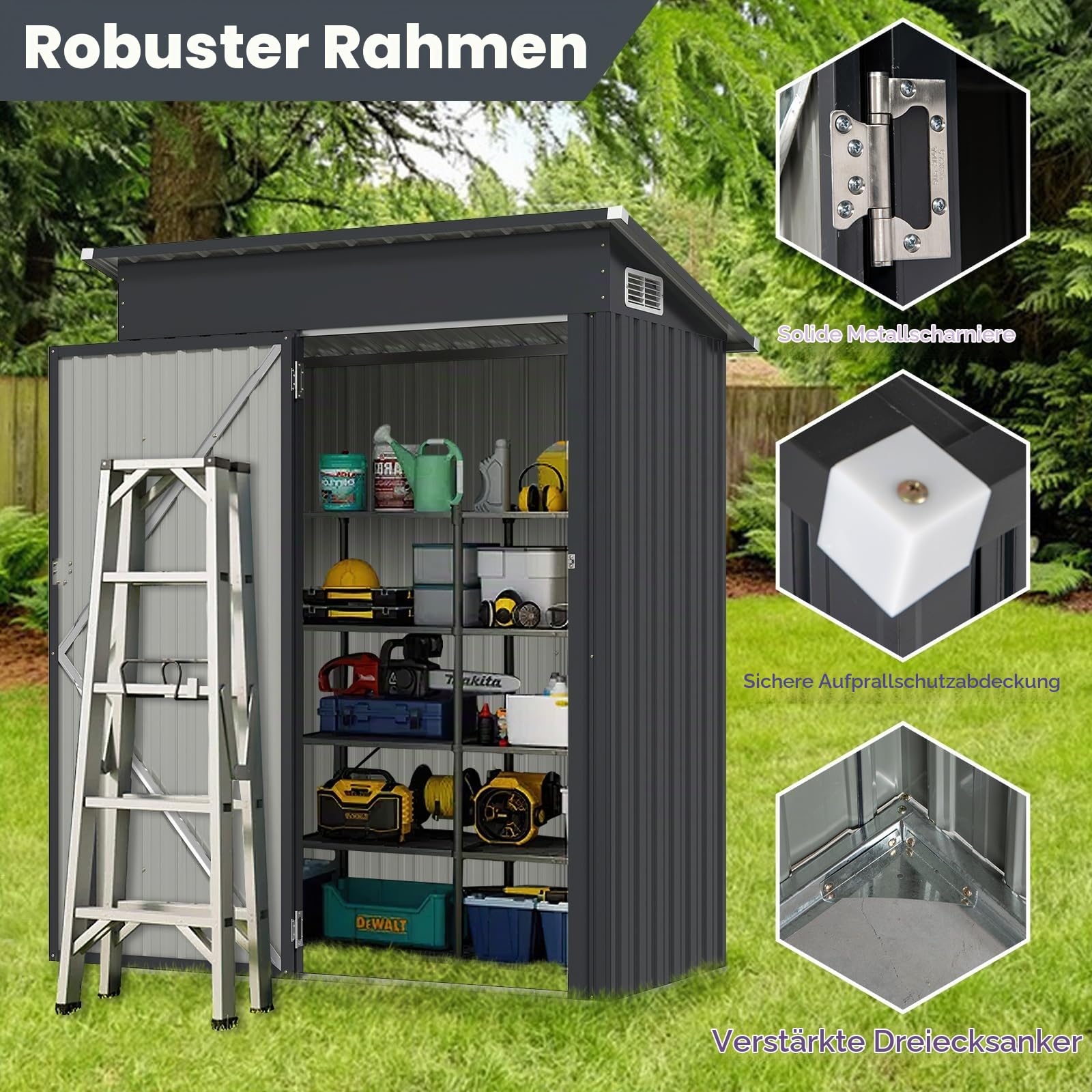 FANTASK Gartenhaus Metall, 150 x 90,5 x 185 cm/1,5 m³, Gartenschrank abschließbar mit Pultdach & Tür, Outdoor Geräteschuppen, Garten Schuppen (Dunkelgrau)