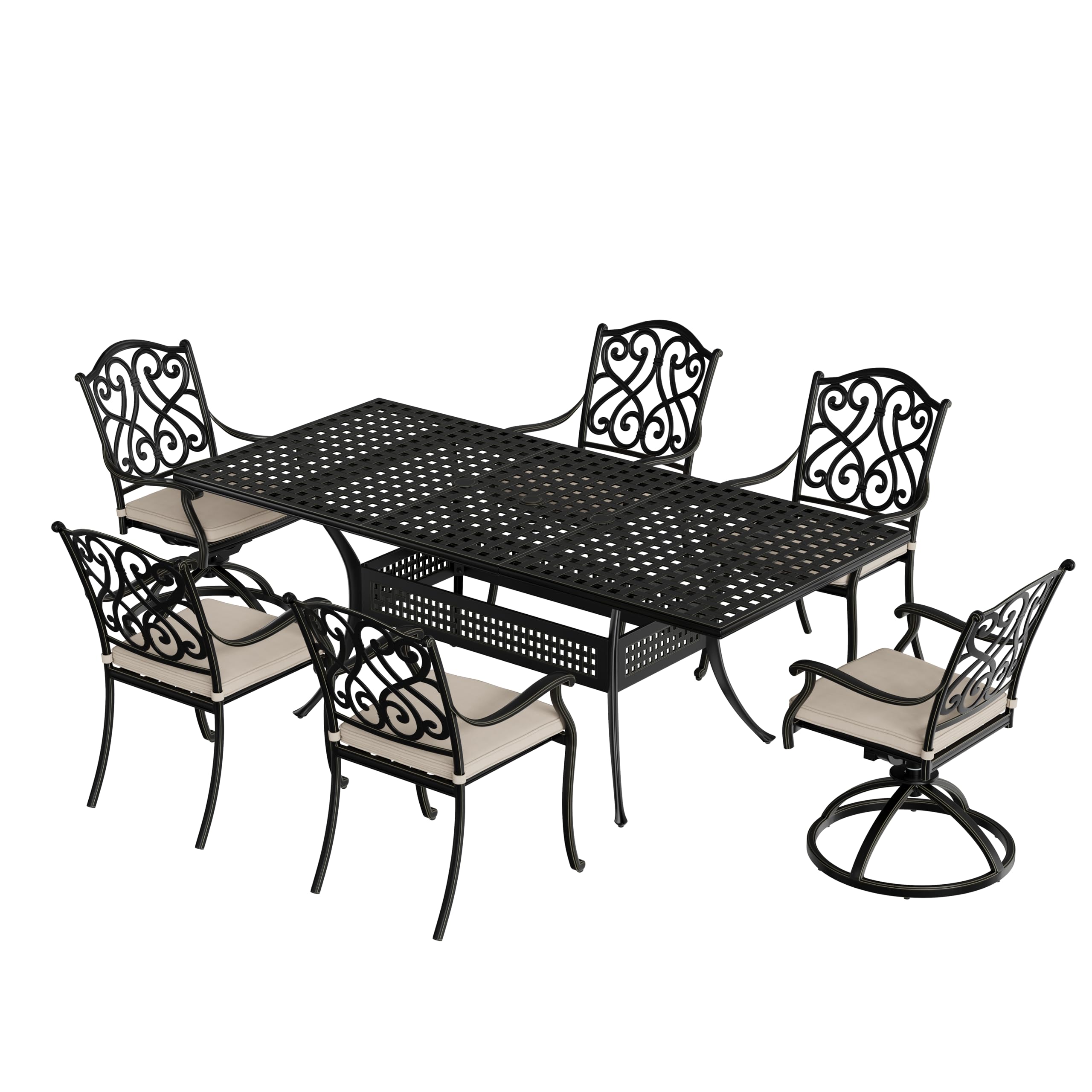 MONDAWE 7 Pieces Cast Aluminum Patio Dining Set, Retro Design Outdoor Dining Set with 2 Swivel Chair, 4 Dining Chair and 80" Rectangular Dining Table,
