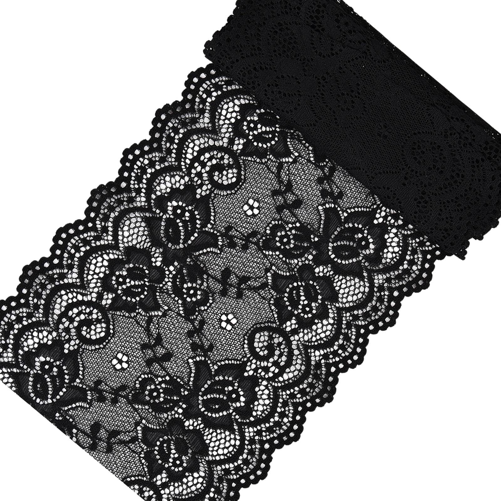 Khazna Black Lace Ribbon, 6 in x 38.6 in Decorative Broderie Anglaise Lace Trim with Vintage Floral Pattern for Dressmaking, Sewing, Bridal Wedding Decorations (Set of 1)