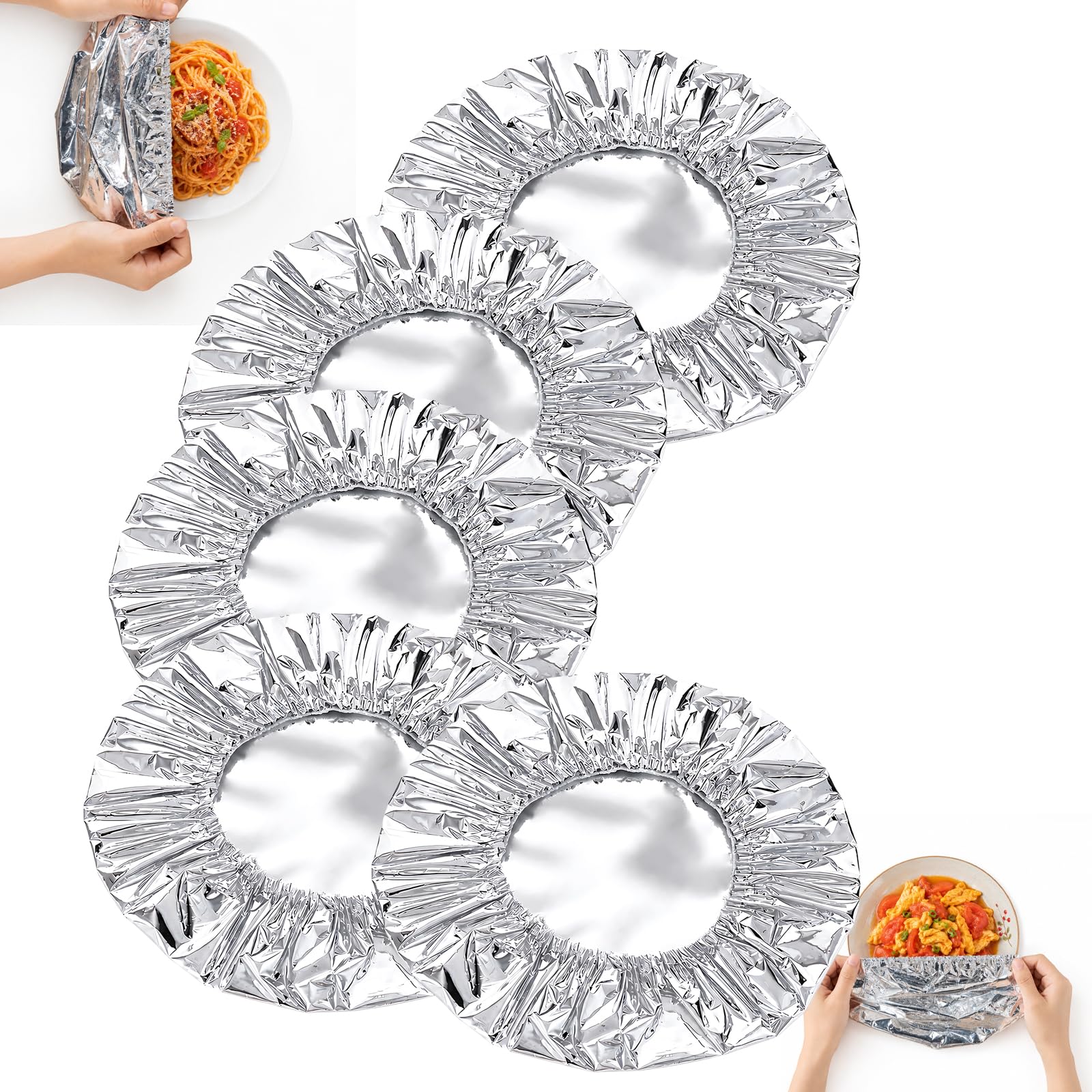 50PCS Aluminium Foil Covers, Aluminum Foil Insulation Cover, Leftovers and Outdoor Dining, Stretch Fit Insulation Covers for Various Container Sizes, Durable Kitchen Accessories