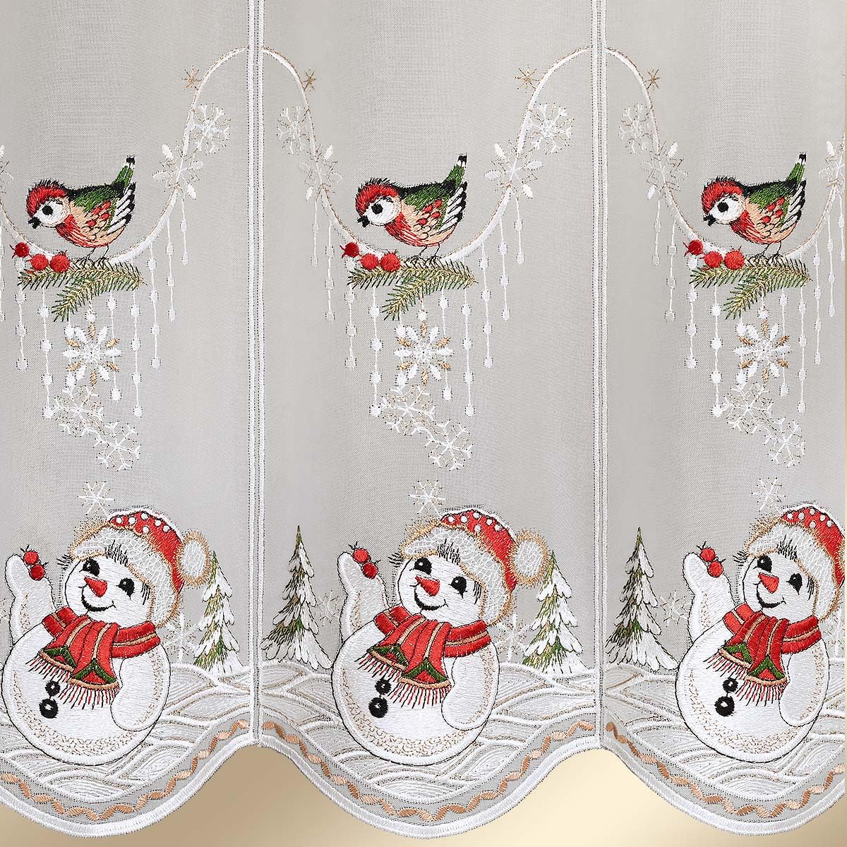 Bestickte Scheibengardine Winterspaß mit Schneemann aus Echter Plauener Spitze Scheibenhänger für Winter und Weihnachten 55 x 96 cm