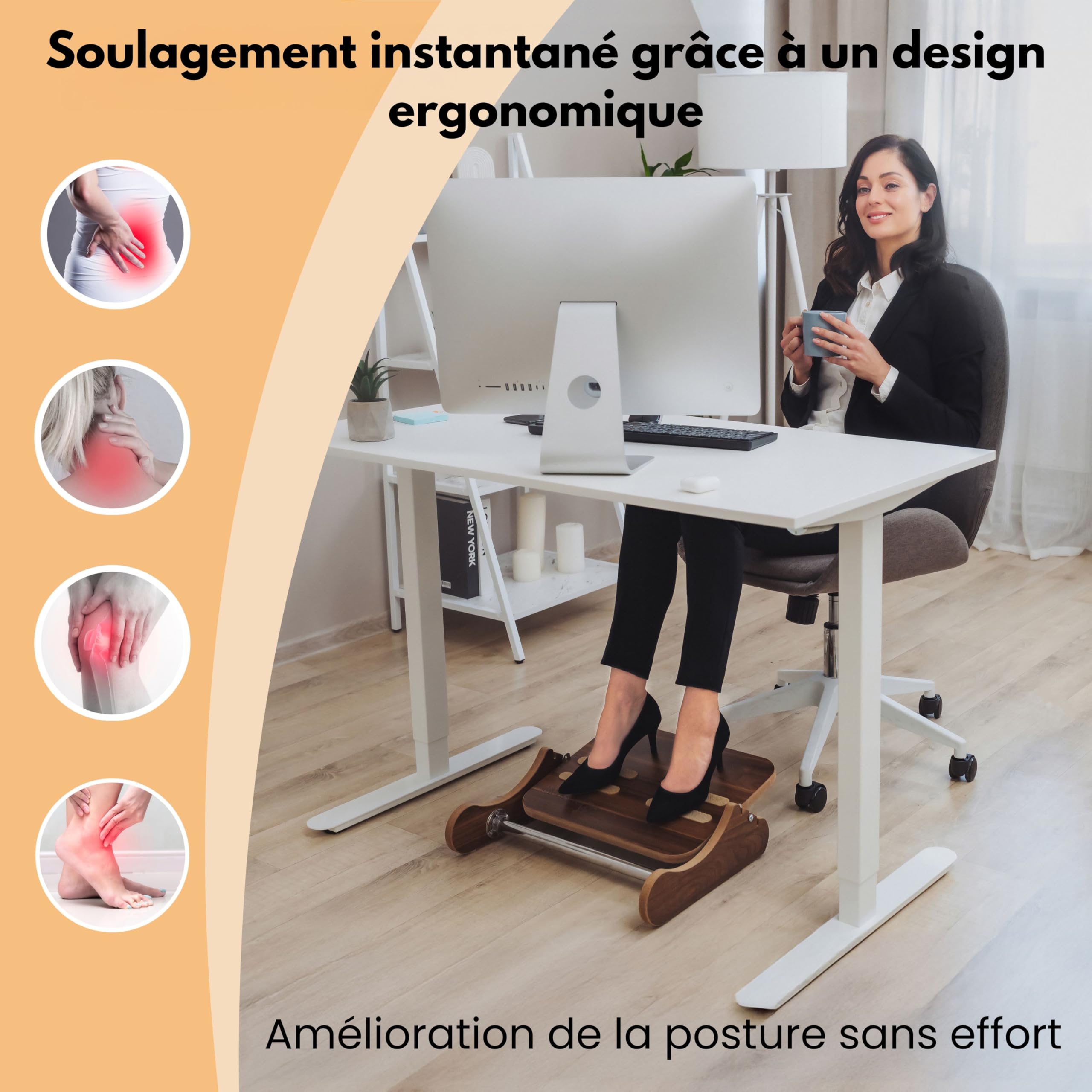 Reposapiés de Madera para Oficina – Reposa Pies Ergonómico con Altura Ajustable y Movimiento Basculante – Mejora la Postura en Escritorio o Teletrabajo