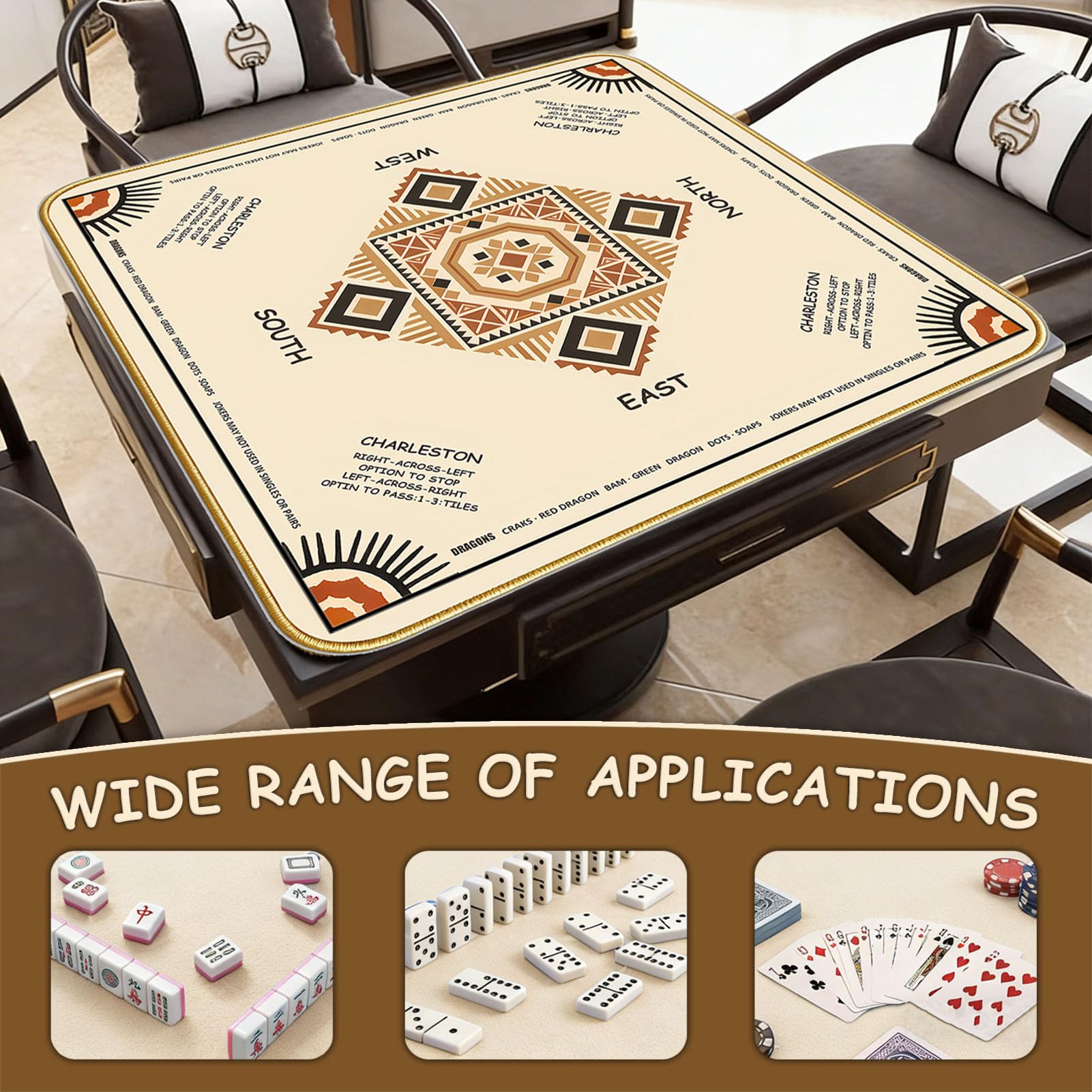 Tapete portátil de mahjong con reglas (33 x 33 pulgadas), tapete de juego de estilo étnico, antideslizante, sin arrugas, funda de goma con bolsa de cordón y 3 dados para póquer, cartas