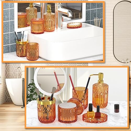 Miniatura 7 de Juego de 5 accesorios de baño naranja de alta calidad, moderno organizador de tocador de cristal para decoración de baño, dispensador de jabón de