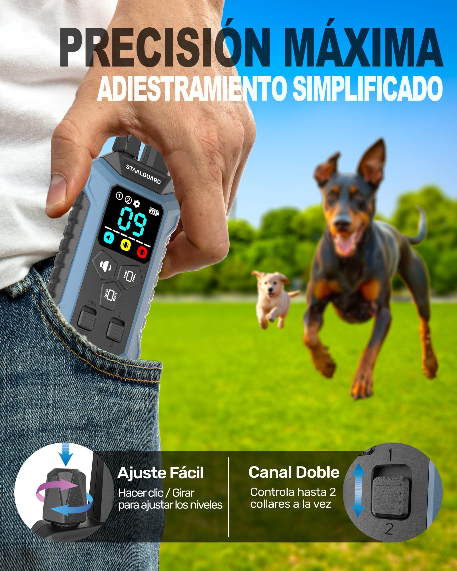 Collar de Adiestramiento para Perros, Sin Descarga Eléctrica, 9 Niveles, Sonido, Vibración y Boost, Alcance 3000m, Recargable, Autonomía 30 Días, Impermeable IP67, para Todos los Perros