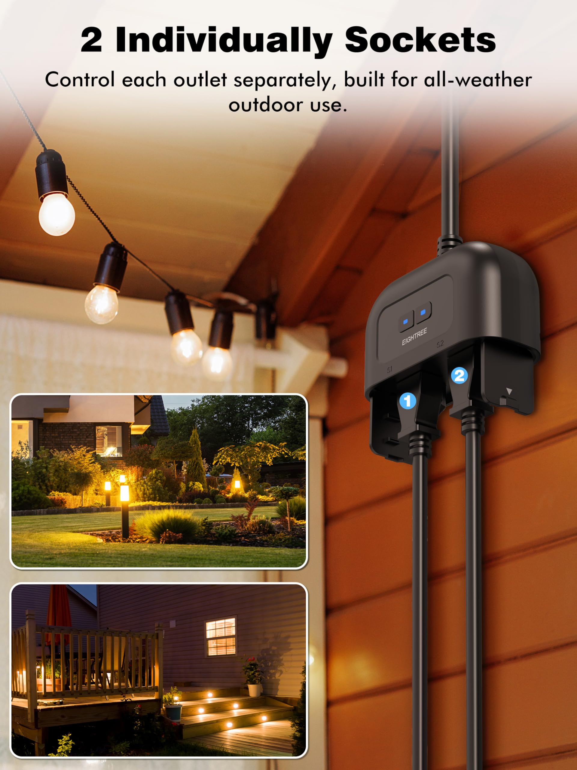 EIGHTREE Outdoor Smart Plug Waterproof IP44, Smart Outlet Plug with 2 Independently Controlled Outlets, Compatible with Alexa and Google Assistant, Voice & Remote Control, Timer&Schedule, 2.4GHz Only