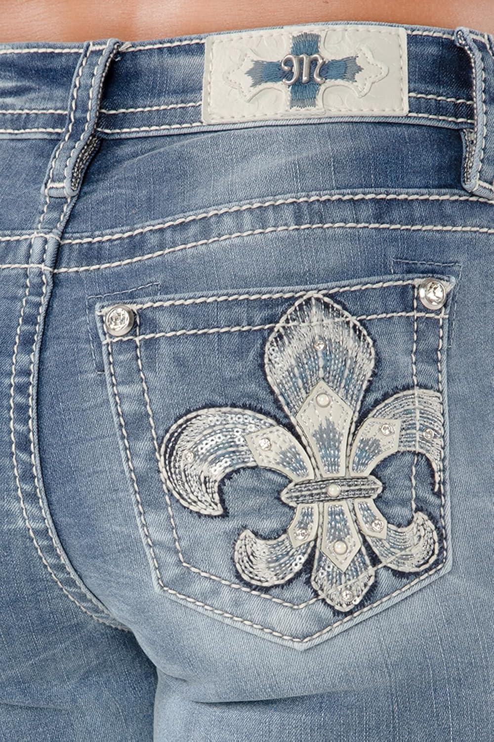 Miss Me Women's Shelly Fleur De Lis Embellished Pockets Mid-Rise Slim Bootcut Jeans