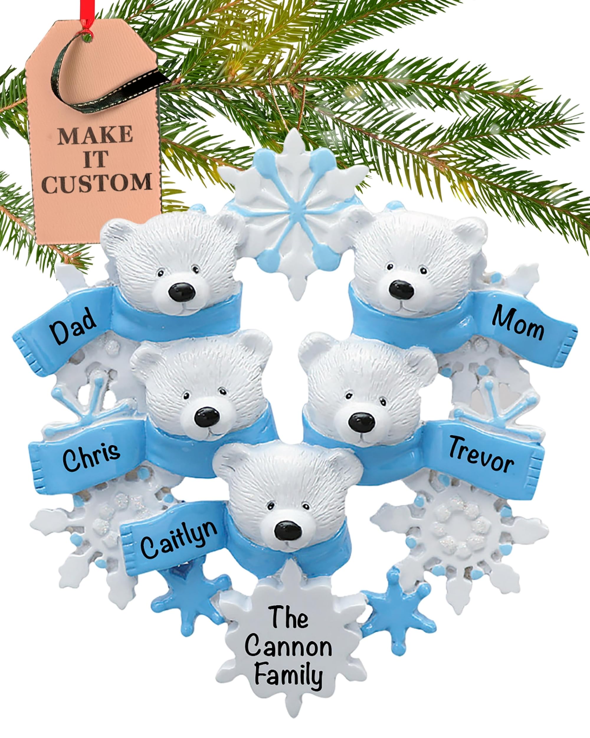 Holiday Traditions Multicolor Personalised Family Of 5 Ornament 2025 – Fast & Free 24H Customisation – Polar Bear Christmas Ornaments For Tree – Custom Gift Wrapped Winter Snowflakes Keepsake For Five Persons