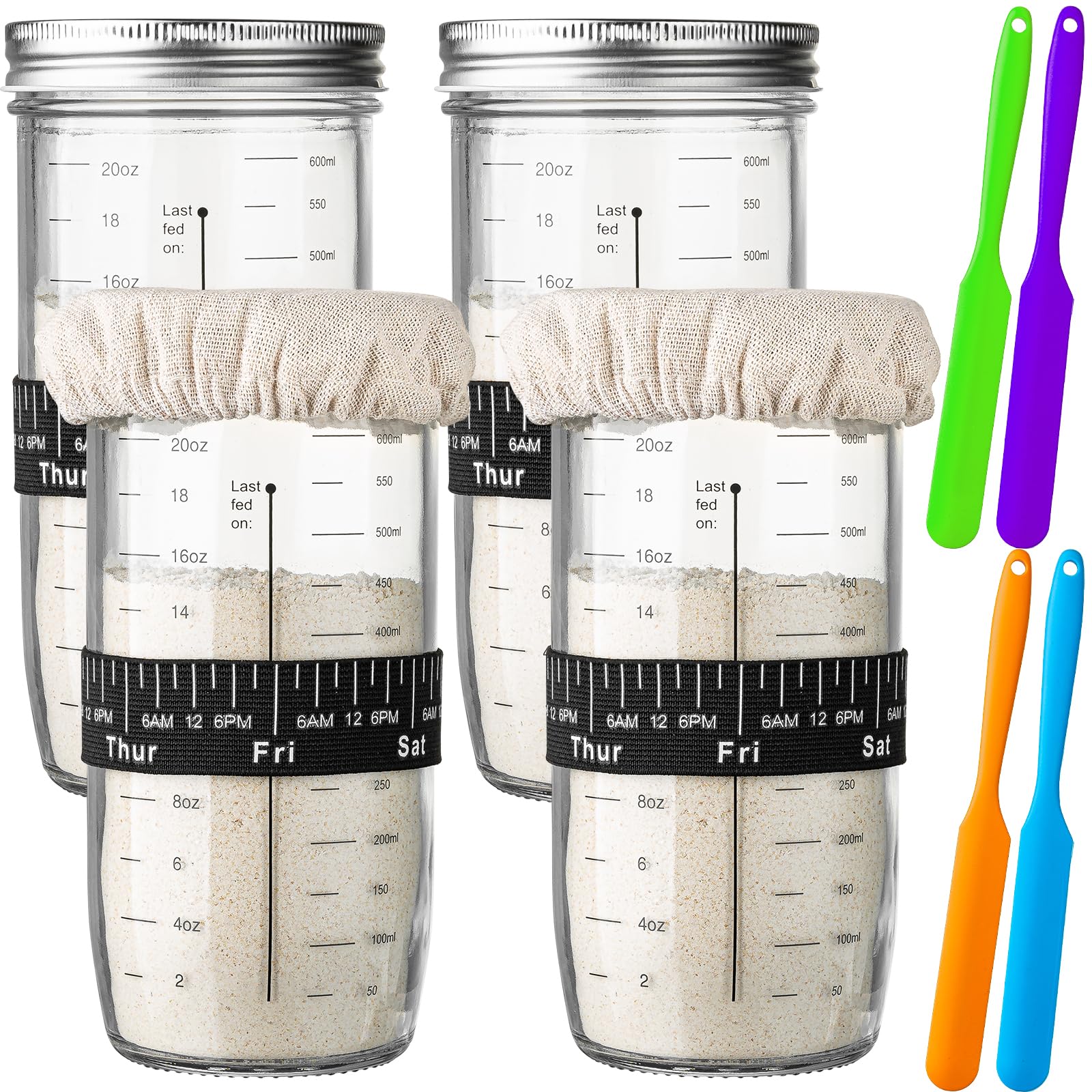 Sourdough Starter Jar, 24 Oz Sourdough Starter Container, 4 Set Sourdough Starter Kit with Date Marked Feeding Band, Thermometer, Cloth Cover & Lid, Reusable Sourdough Bread Baking Supplies
