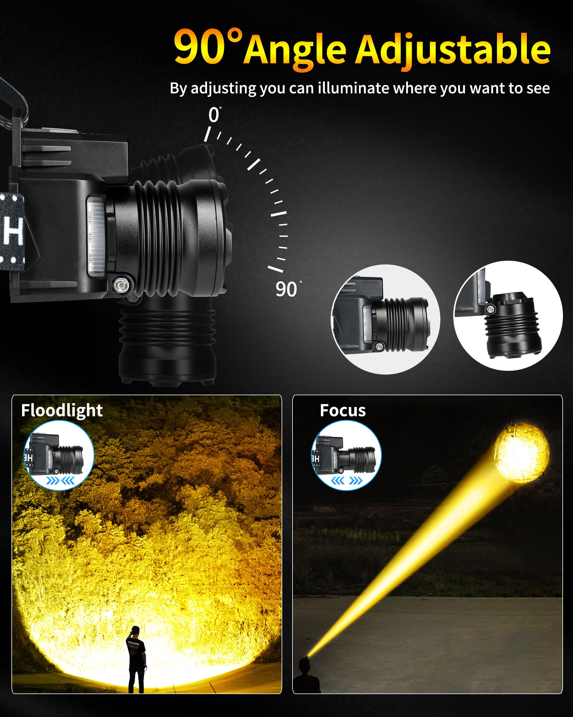 DARKBEAM Lampada frontale LED 2000 Lumen USB -C ricaricabile Torcia a luce calda per elmetto, con luce rossa e sensore di movimento, impermeabile, Fuoco regolabile, per campeggio, caccia, riparazione