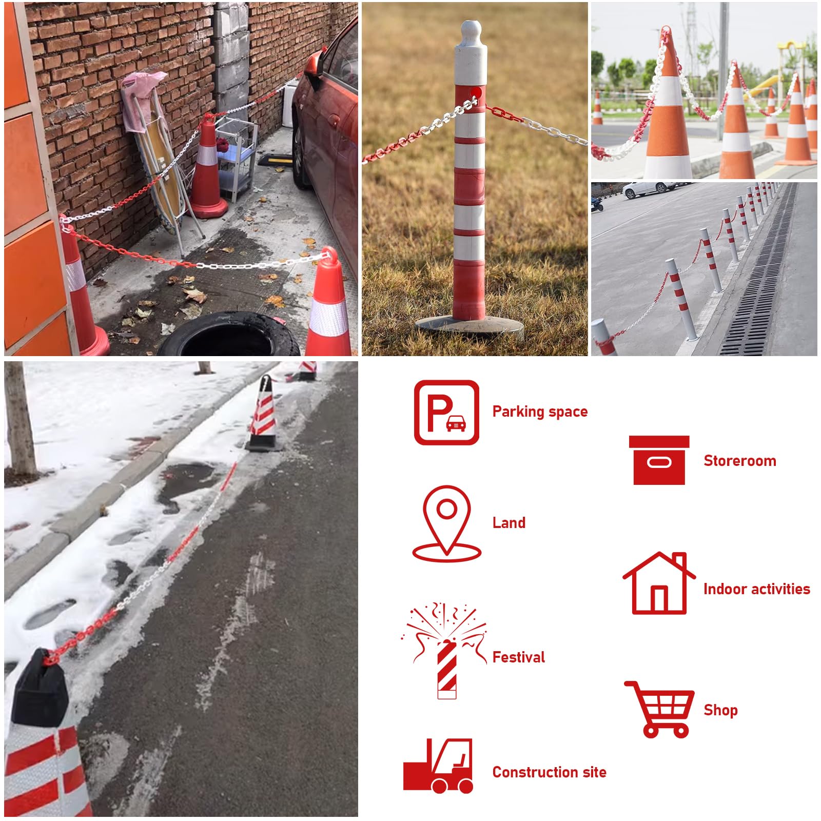 BAIFULAI Catena di sbarramento 25m, catena di sbarramento 6mm rosso/bianco in plastica con 6 moschettoni, catena di plastica/catena di avviso, catena di sicurezza per cantiere, catena a maglie per