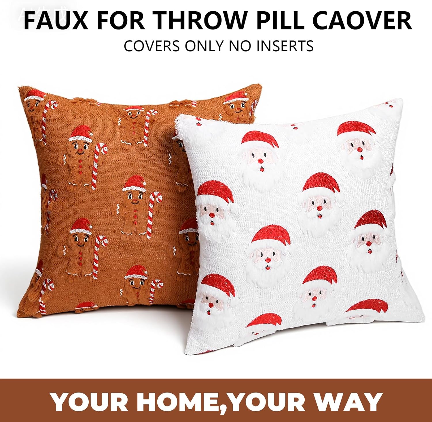 Orgonite Christmas Pillow Covers Set of 2, 18x18 Decorative Throw Pillowcases Soft Plush Faux Wool Cushions for Home Patio Sofa Couch (Gingerbread Man)