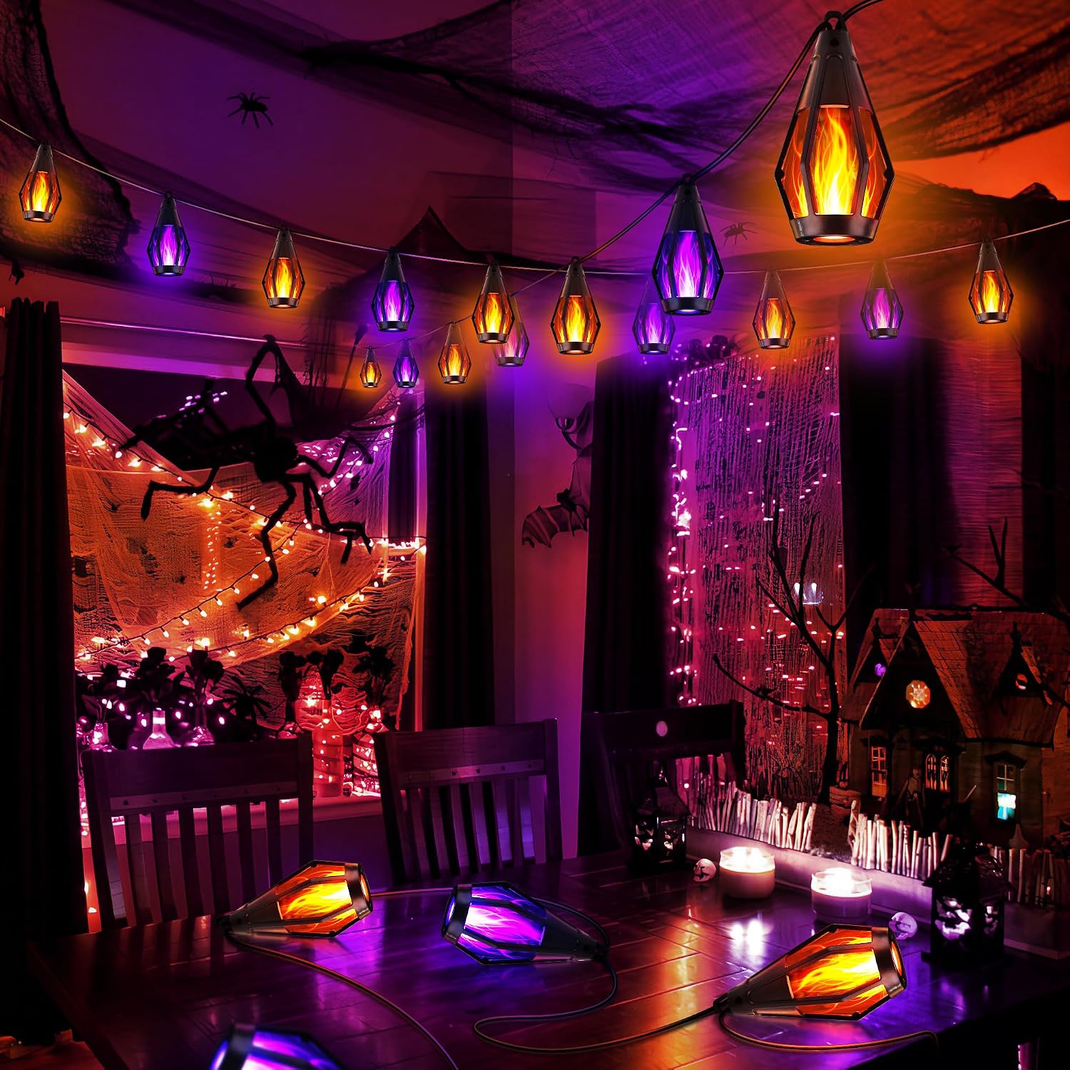 Flacchi Solar Flame String Lights - 42ft 15 LED Lights Outdoor Solar String Lights for Garden Patio Halloween Decoration (Orange & Purple, 42ft)