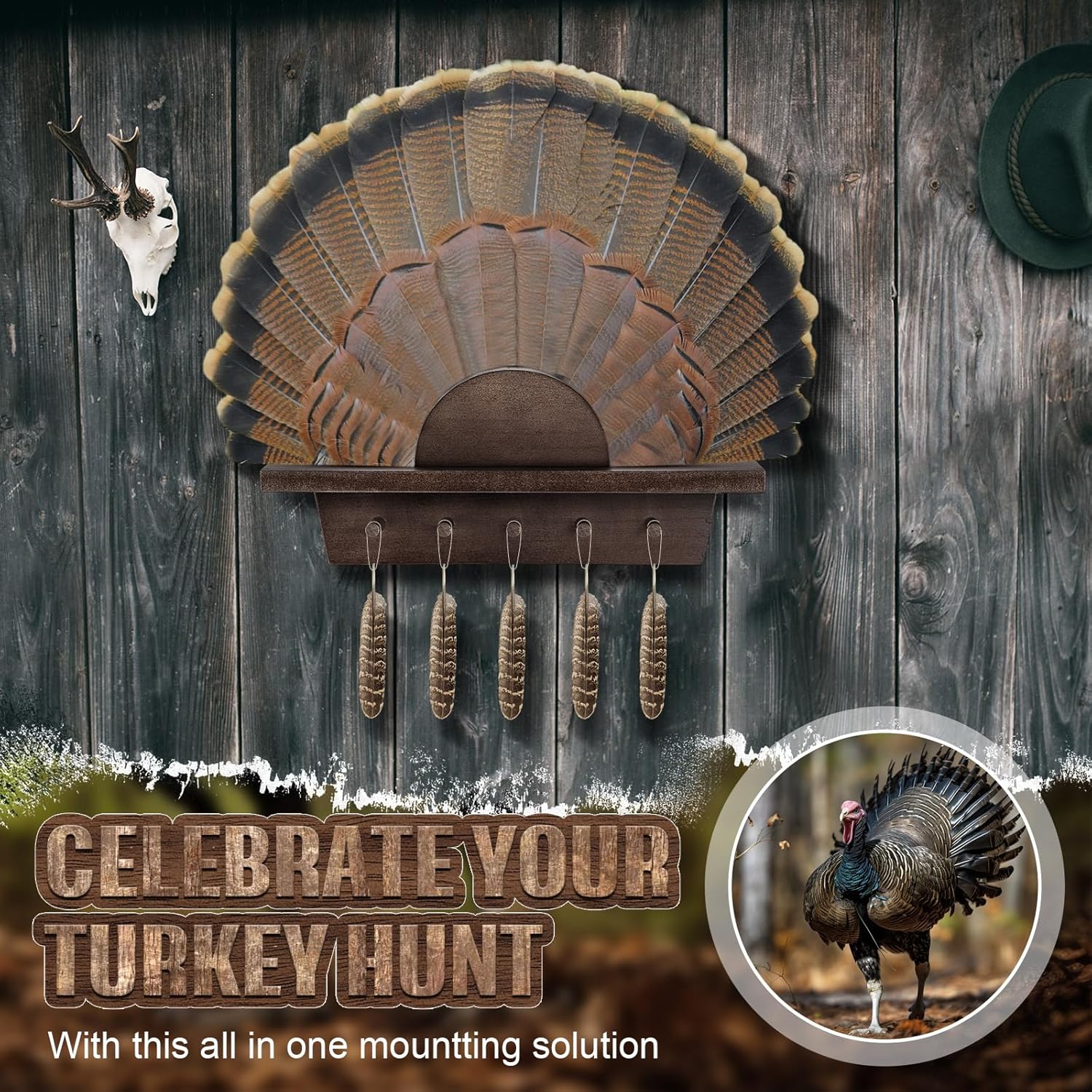 CroBlissful Turkey Fan Mounting Kit for Hanging Tail, Feather, Beard, Wall Mounted Turkey Hunting Tail Display, Durable Easy to Assemble, Trophy Mount , 13.8 Inch(Walnut Color,Stylish,2 Pack)