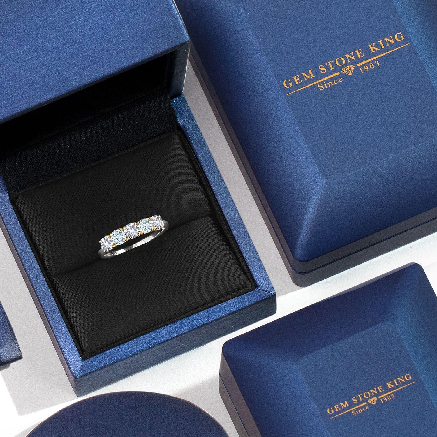 Gem Stone King 925 Silver and 10K Yellow Gold White Created Sapphire and Sky Blue Aquamarine Wedding-Bands Ring For Women | 1.25 Cttw | Round 4MM | Gemstone September Birthstone - Image 5