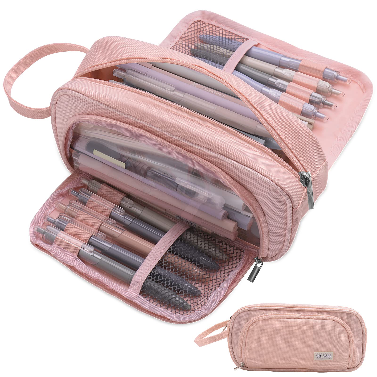 VIC VSEE Pencil Case Large Pencil Pouch, Multi-function Big Capacity Clear Pencil Bag with Handle, Aesthetic Cute Pencil Case for Office School Gift for Teen Girls Boys Kids Adult Student, Pink