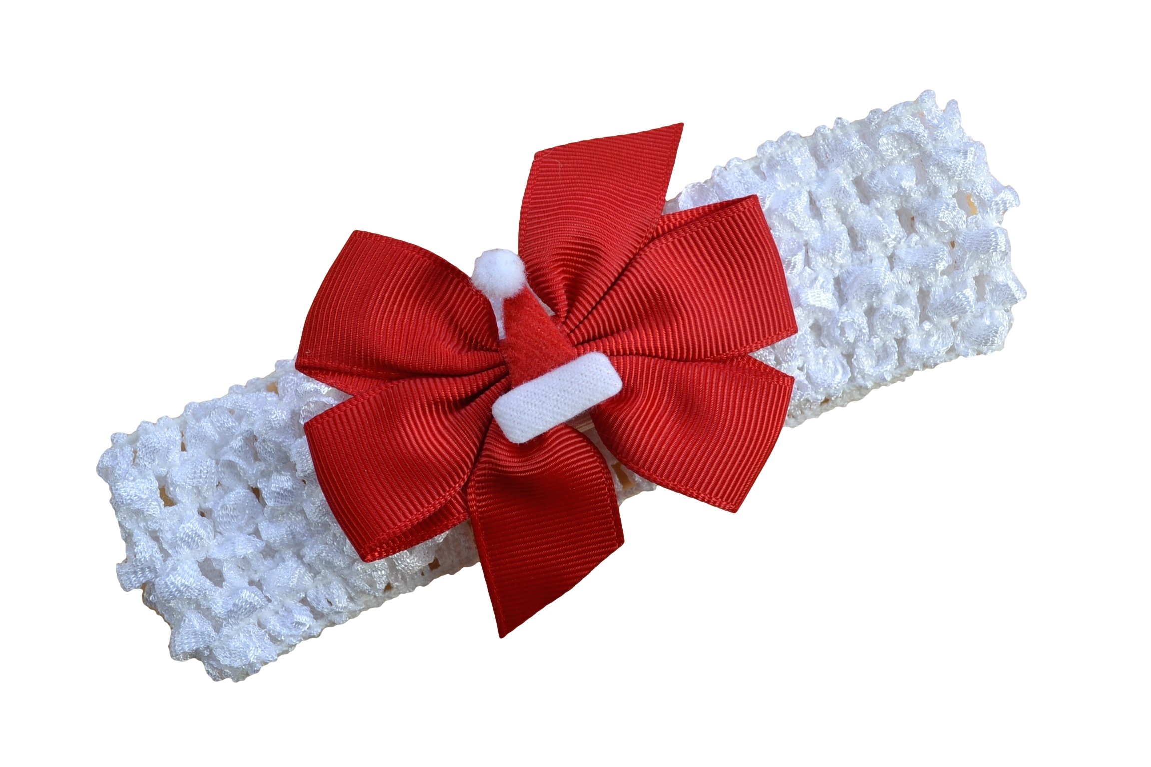 Baby Girl Felt Santa Hat Crochet Baby Headband (White Band/Red Bow)