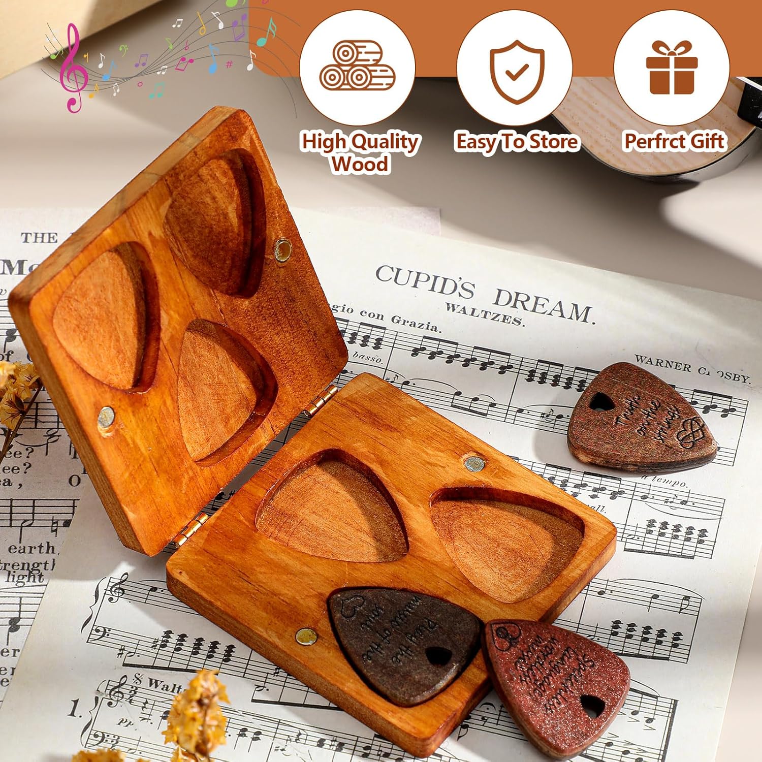 ギターピックボックスホルダー 木製ギターピック ギターピックホルダー ギターピックケース 木製ギターピックボックス 三角形ギターピッ