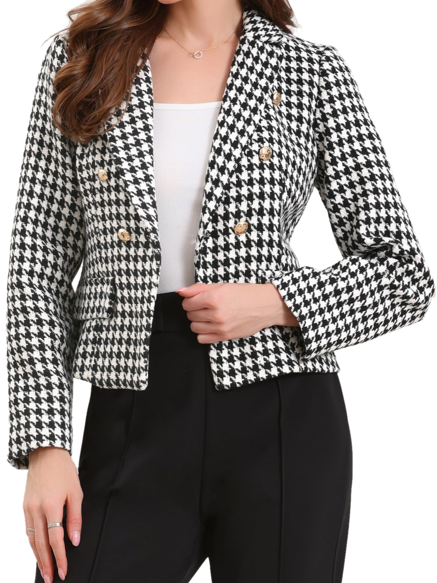 allegra k Plaid Cropped Blazer for Women Houndstooth Notch Lapel Long Sleeve Button Down Business Casual Suit Jacket-picture-40