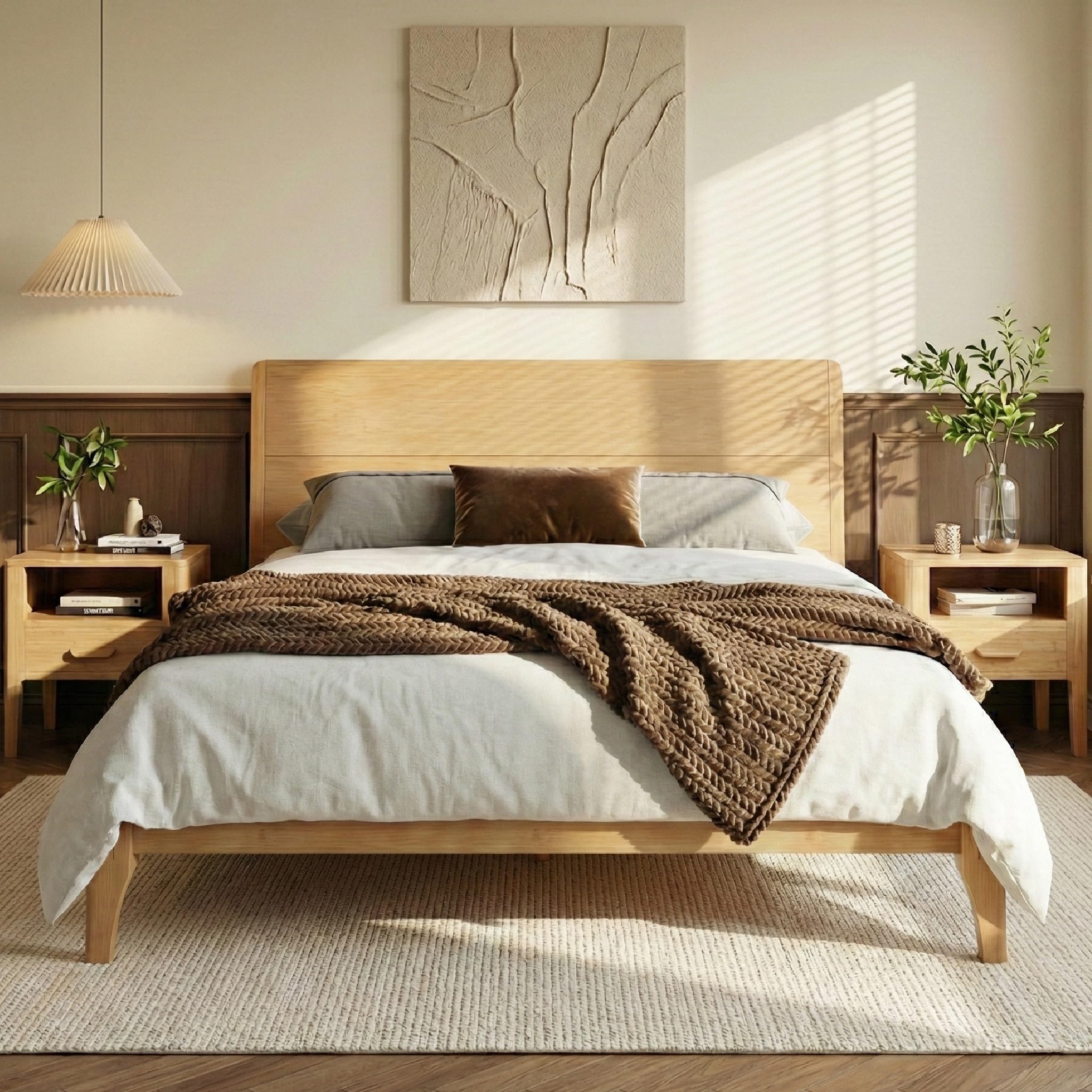 Merax 3 Pieces Bamboo Bedroom Sets, Mid-Century Modern Queen Size Platform Bed with Tall Headboard, Storage Drawer Night Stands Set, Wood Slats