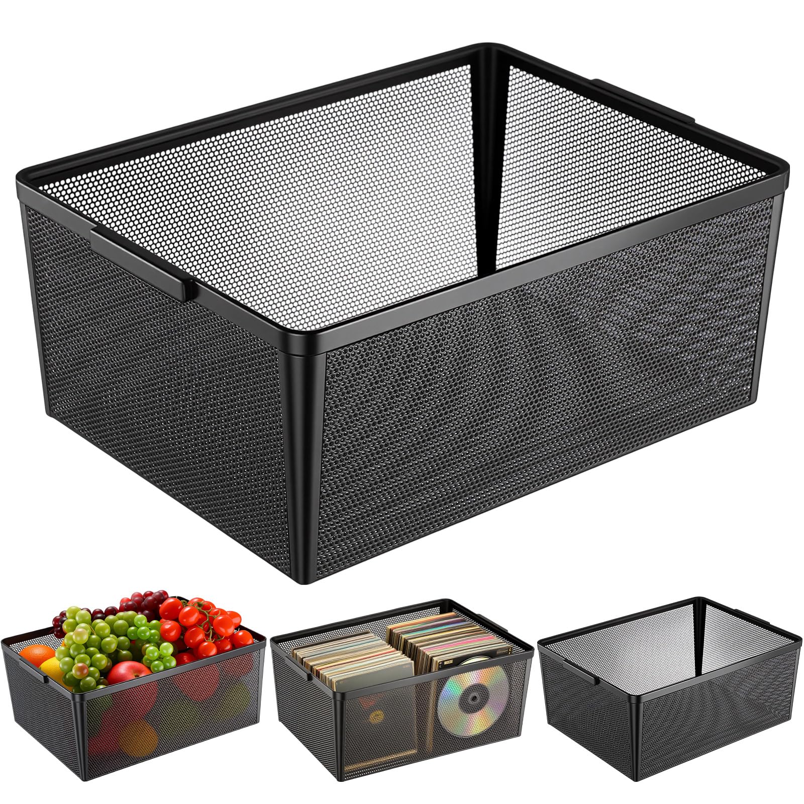 shimeyao 4 pcs wire mesh baskets 12.6 x 9.4in metal wire storage baskets with handle steel organizers bin containers for home organizing cabinet cd storage pantry kitchen fridge fruit snacks (black)