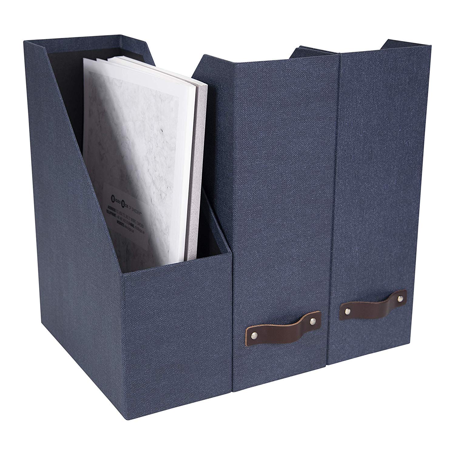 Porta Riviste Bigso Box Of Sweden - In Fibra Di Legno Con Maniglia In Pelle, Grigio, Effetto Lino - Foto 8