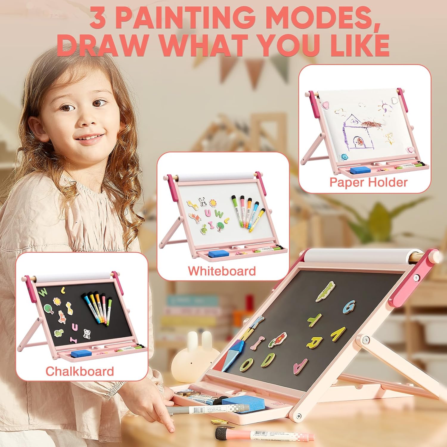 FUNLIO Double-Sided Tabletop Easel for Kids Ages 3+ (100+ Pcs), Wooden Magnetic Table Easel with 3 Adjustable Angles, Kids Easel with Whiteboard, Chalkboard & Paper Roll, Foldable&Anti-Warping - Pink
