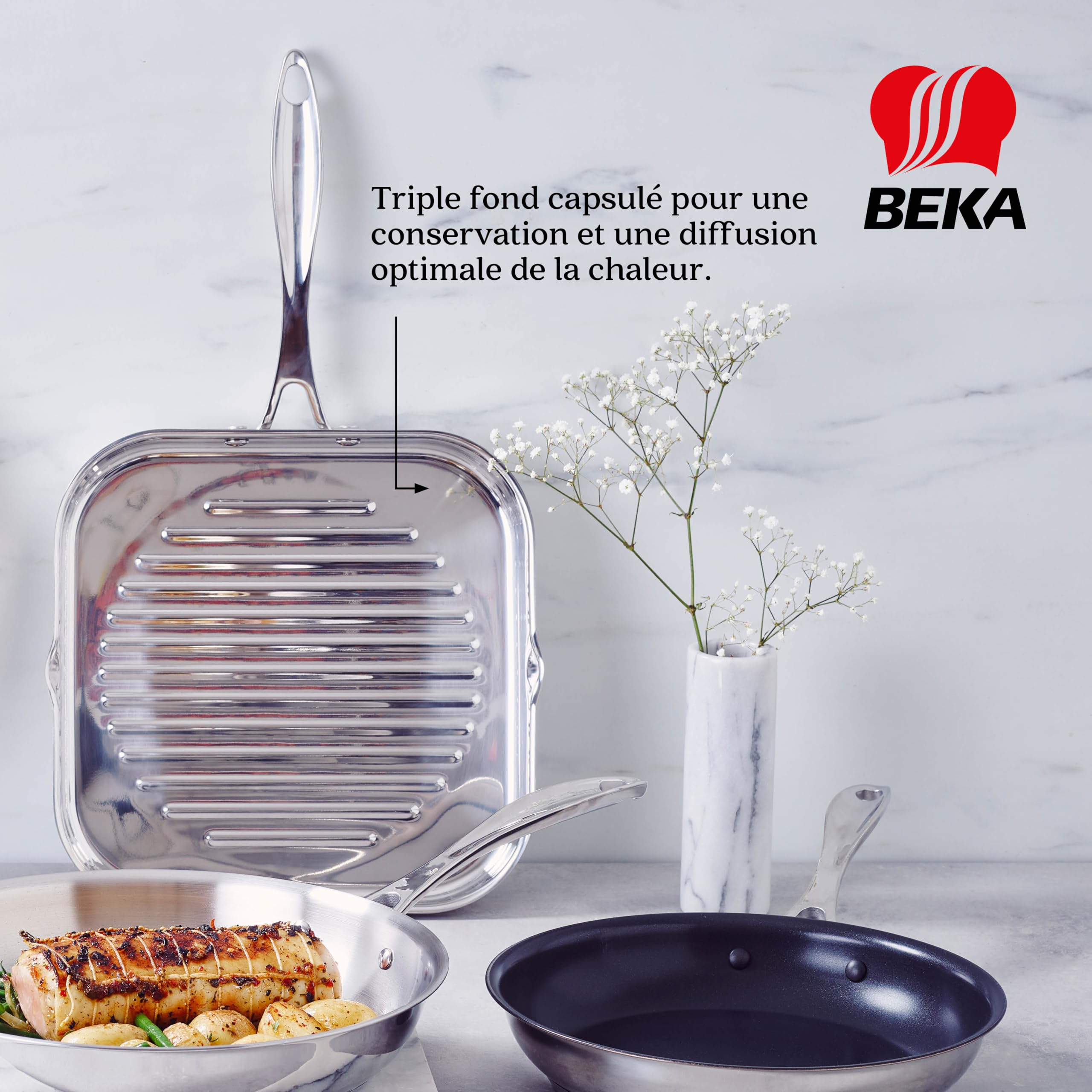 Beka Chef - Poêle Gril Inox 18/10 - 26,5 cm - Forme Rectangulaire - Tous Feux Compatible Induction - Acier Inoxydable