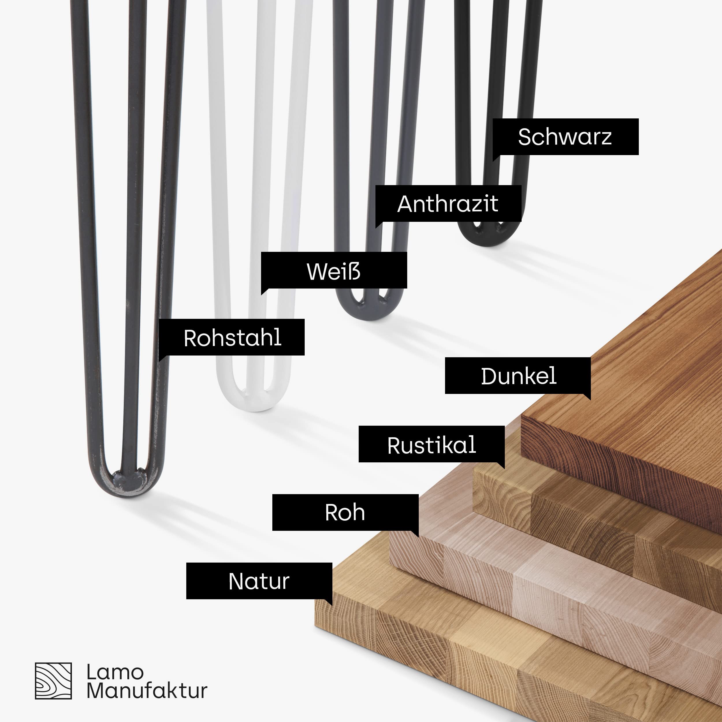 LAMO Manufaktur tavolino in legno con bordo dritto, tavolino da caffe, tavolo da cucina 60x60x76 cm (LxWxH), Creative, Frassino Oscuro/acciaio grezzo laccato, LBG-01-A-004-0000Cr