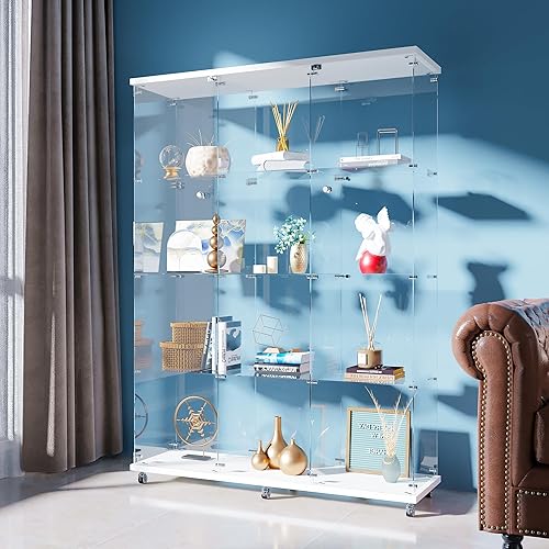 Miniatura 44 de FANYUSHOW Vitrina de cristal templado con 4 estantes con cerradura de seguridad, estante de exhibición de 0.197 in para sala de Blanco,Negro