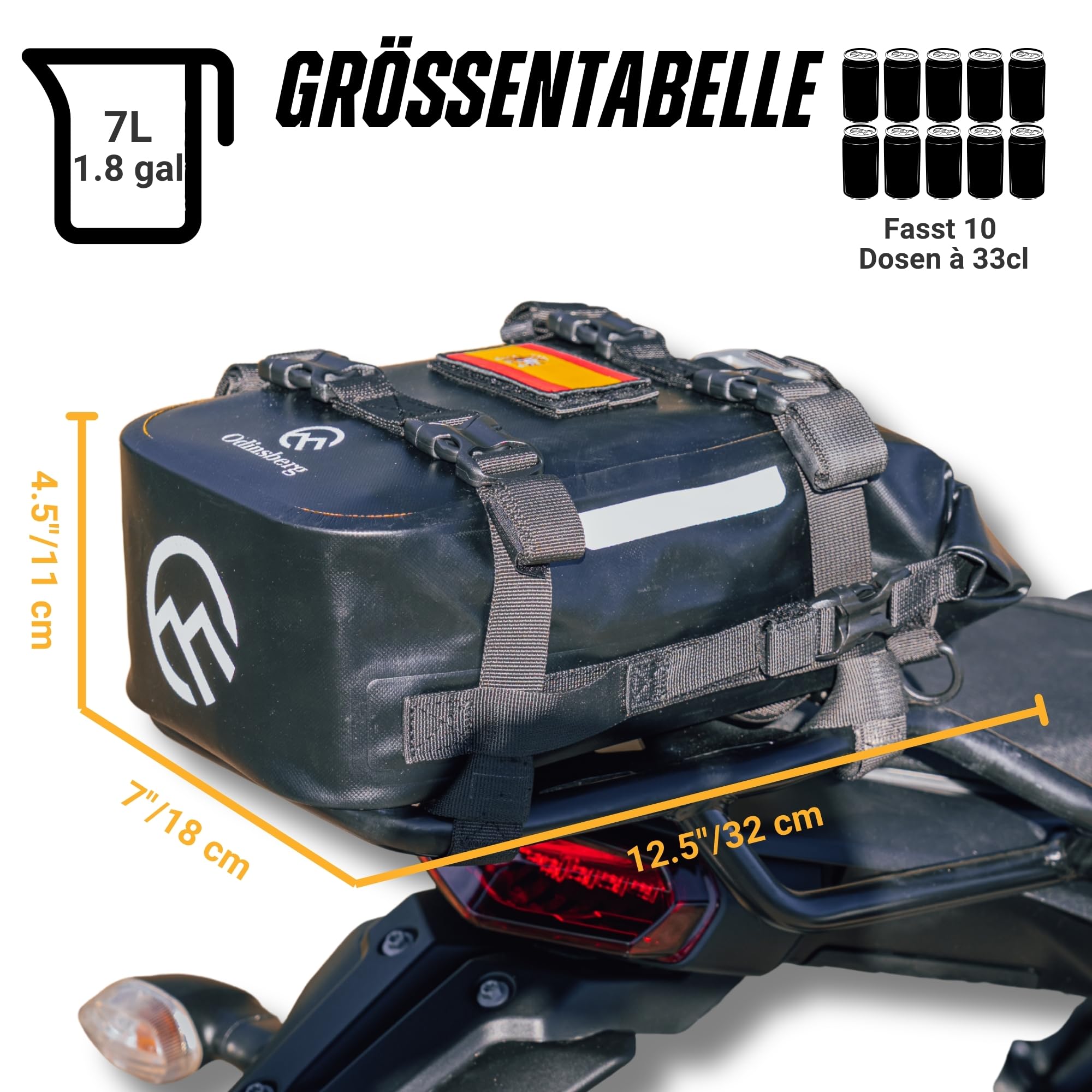 Odinsberg 7L Wasserdicht Hecktasche Motorrad | Sturzbügeltasche, Satteltasche, Sissybar Tasche, Seitentasche & Gepäcktasche | Kleine Motorradtasche für Enduro, Touring, Reise & Alltag