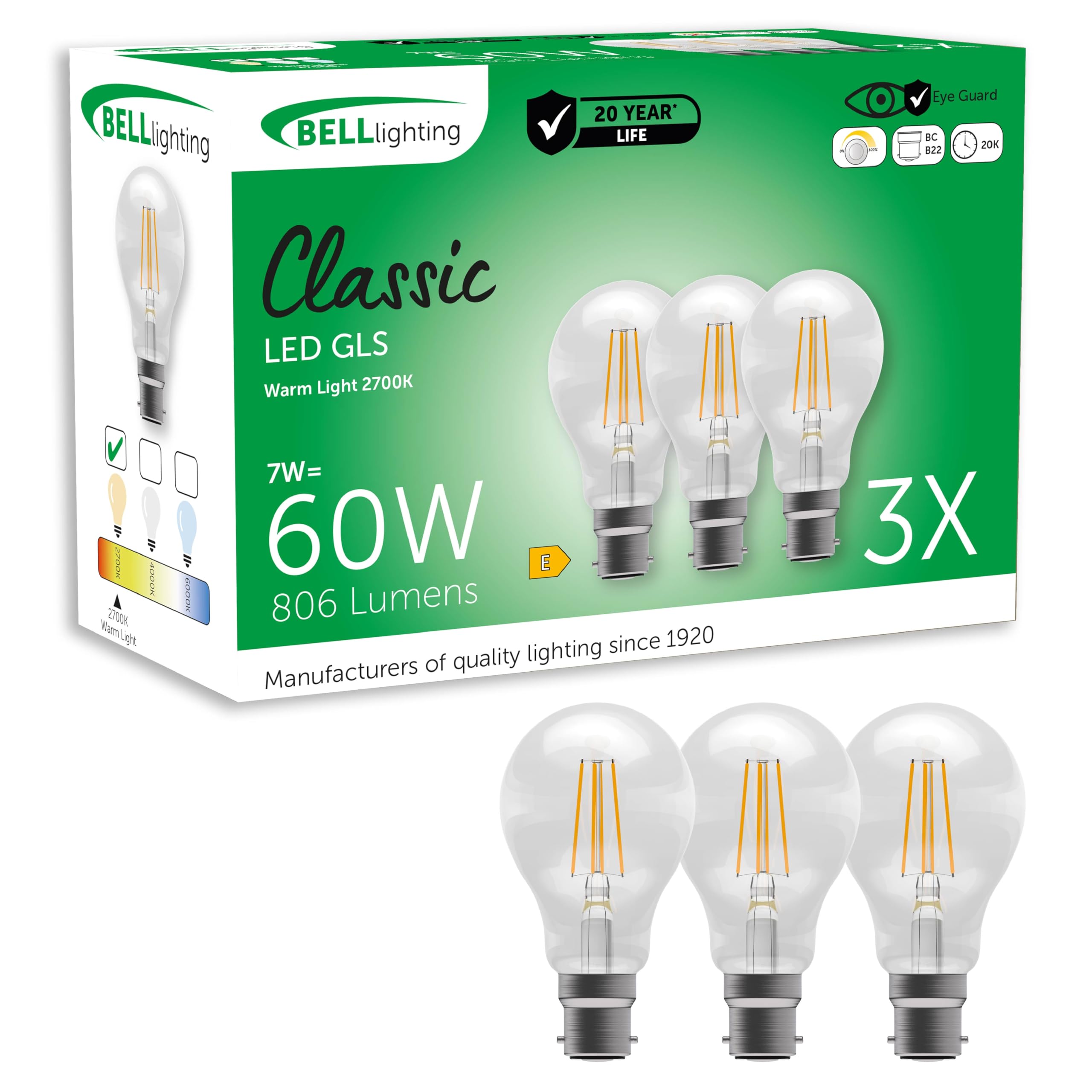 BELL Lighting B22 Bayonet Filament Dimmable Light Bulb LED GLS 3 Pack, Warm White - 2700k